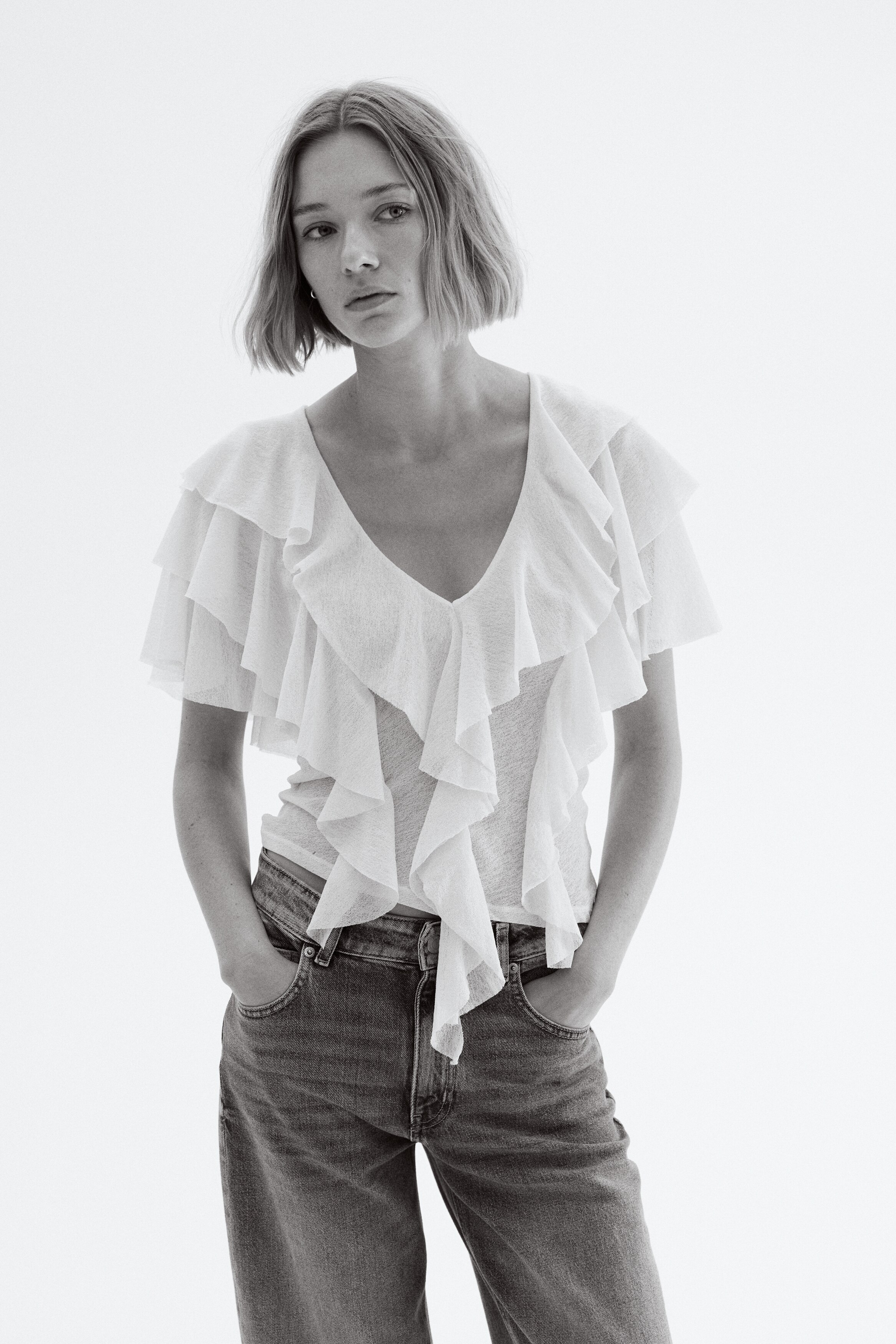 Señoras - Crema Top de volantes - Size: M  - H&M