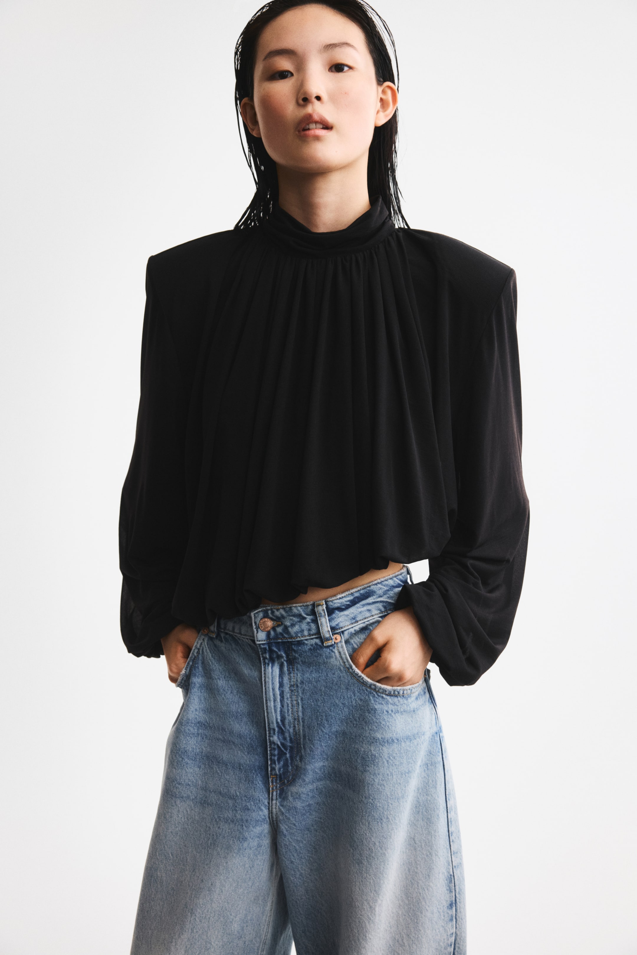 Bubble-Hem Shoulder-Pad Top