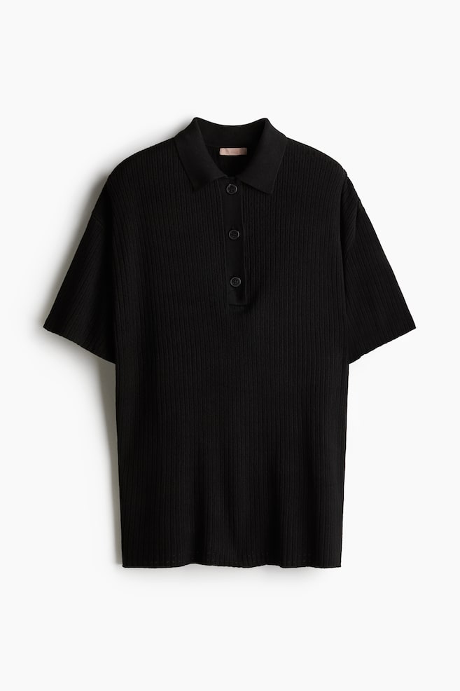 Pointelle-knit polo shirt - Black/Cream - 1