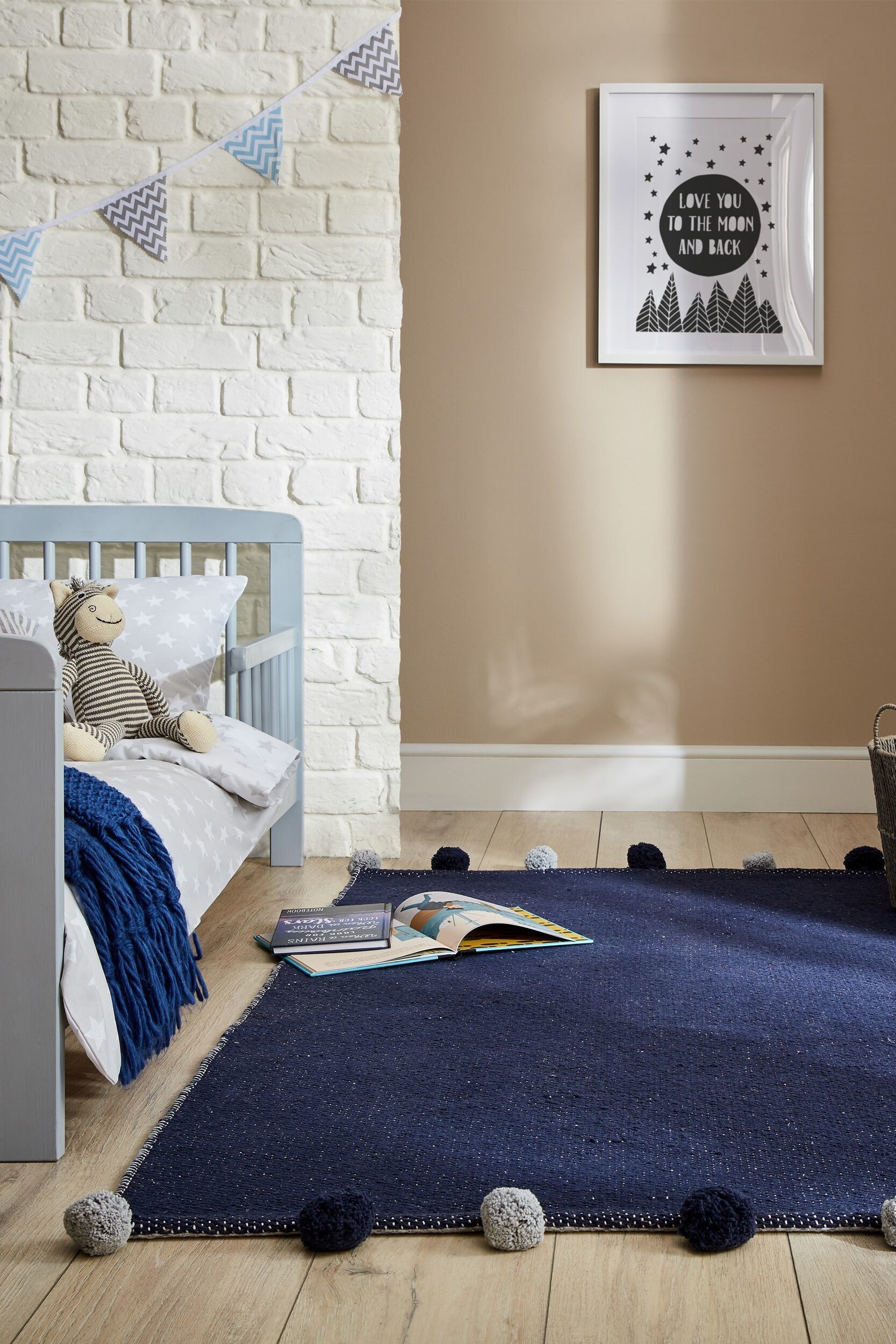 Tappeto Reversibile In Cotone Con Frange Pom - Blu