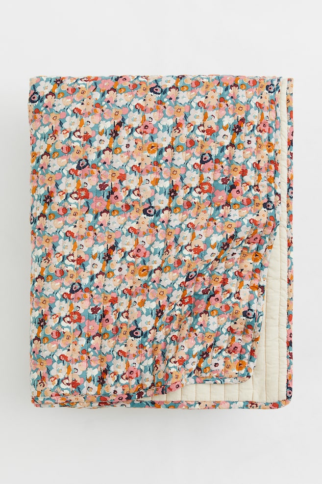 Quiltet sengetæppe - Blå/Blomstret - 1