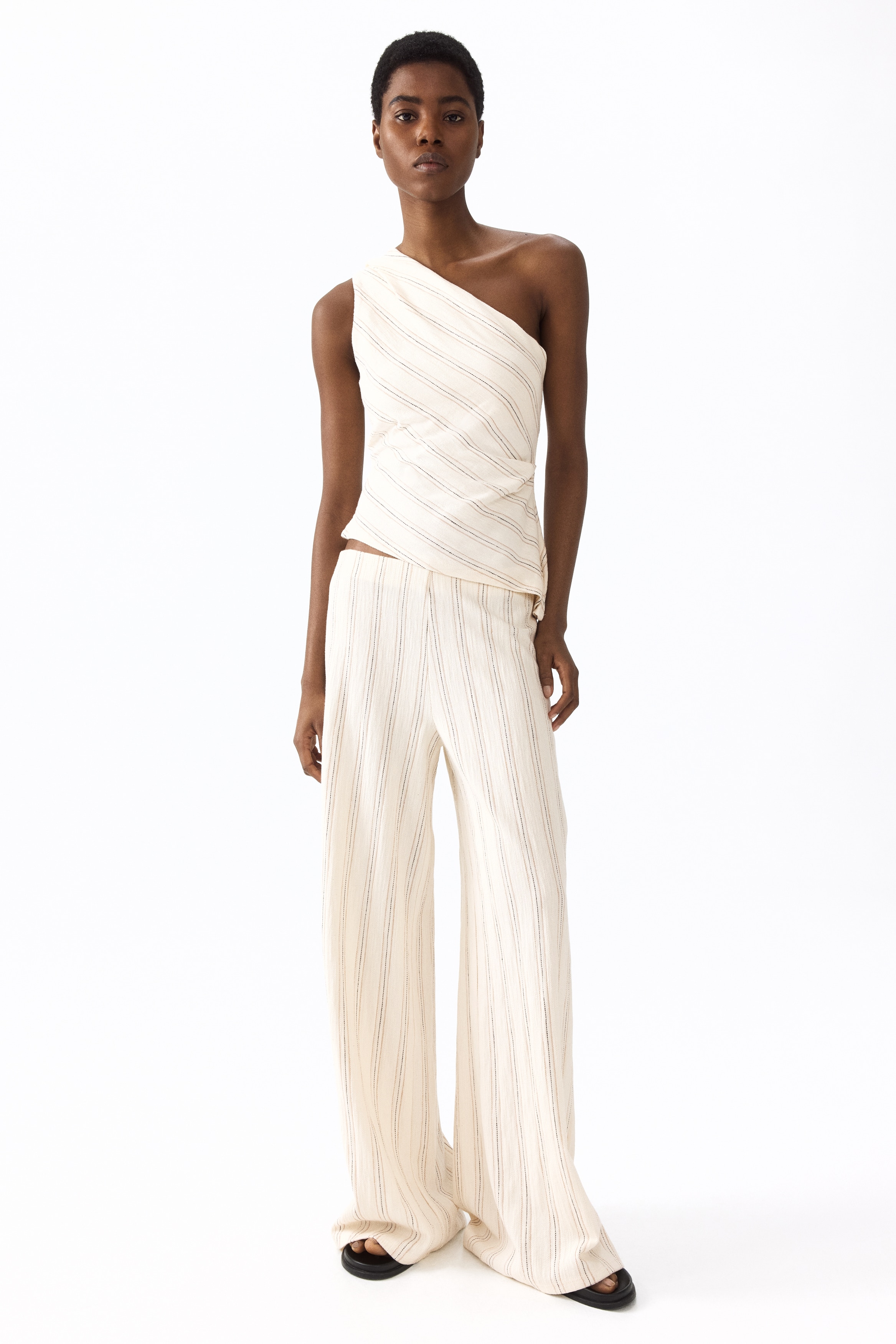 Textured cotton pull-on trousers - Roomwit/gestreept