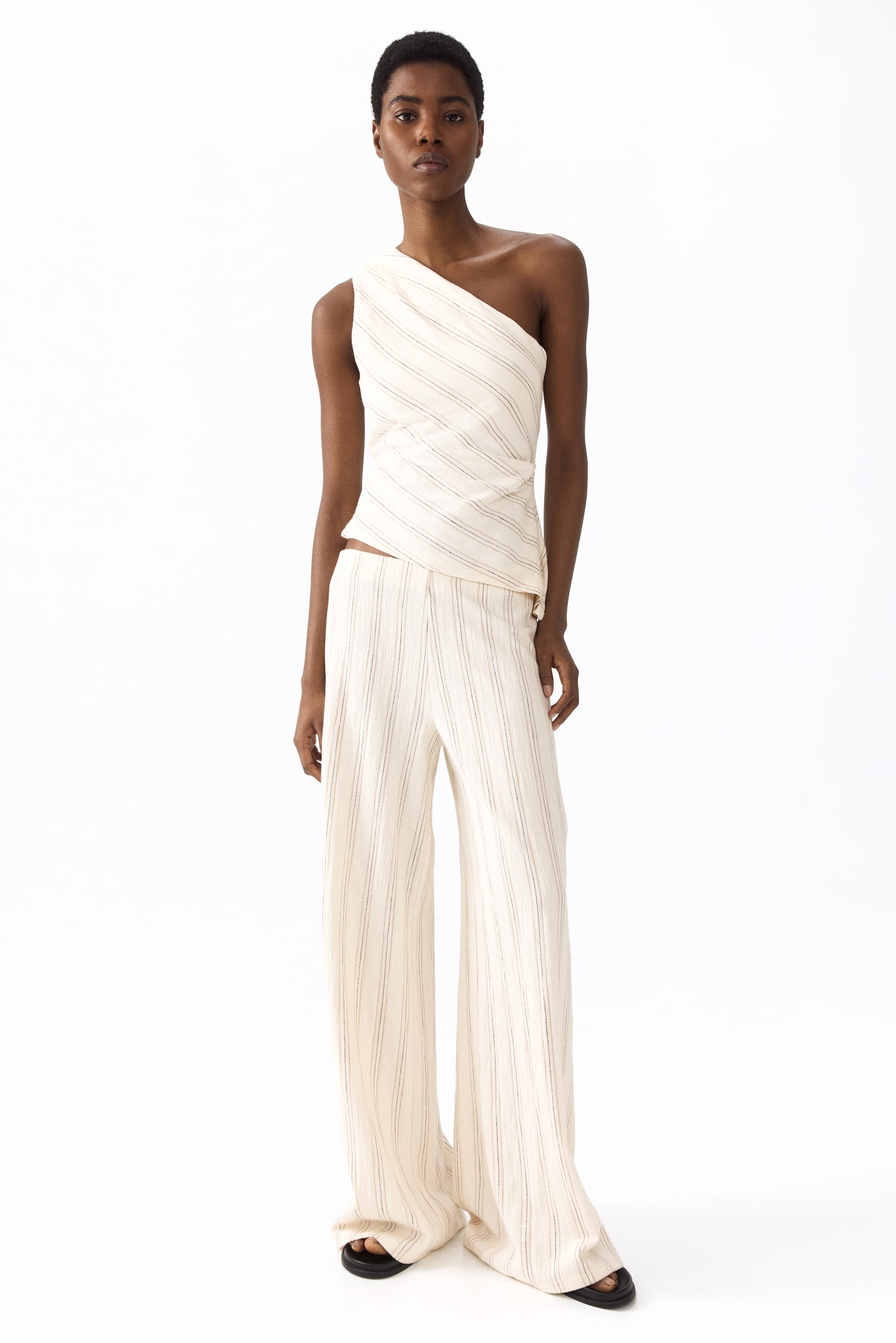 Textured cotton pull-on trousers-Cream/Striped - 1