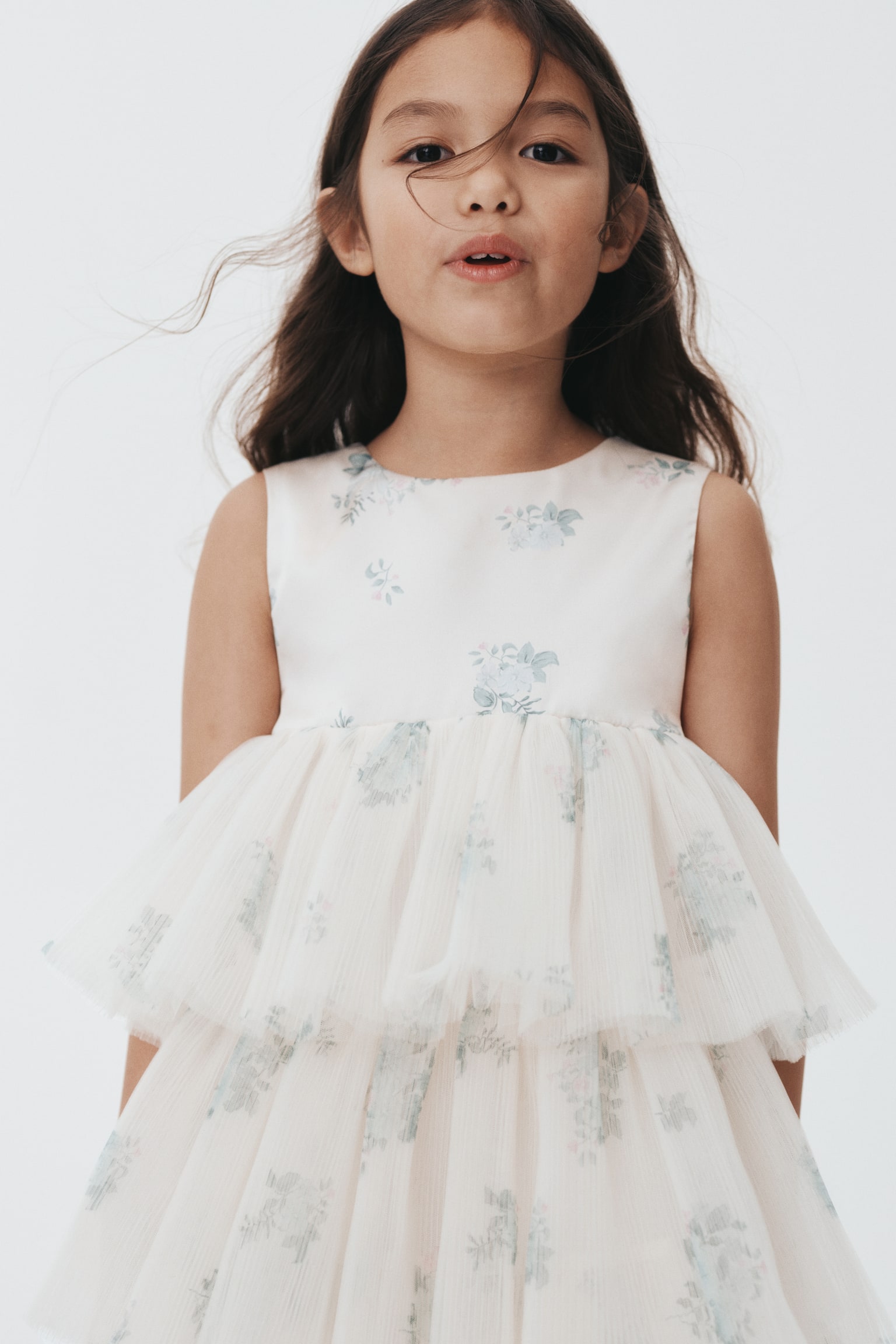 שמלת קומות עם חצאית טול - קרם/פרחוני/ירוק מנטה/ורוד כהה - 3