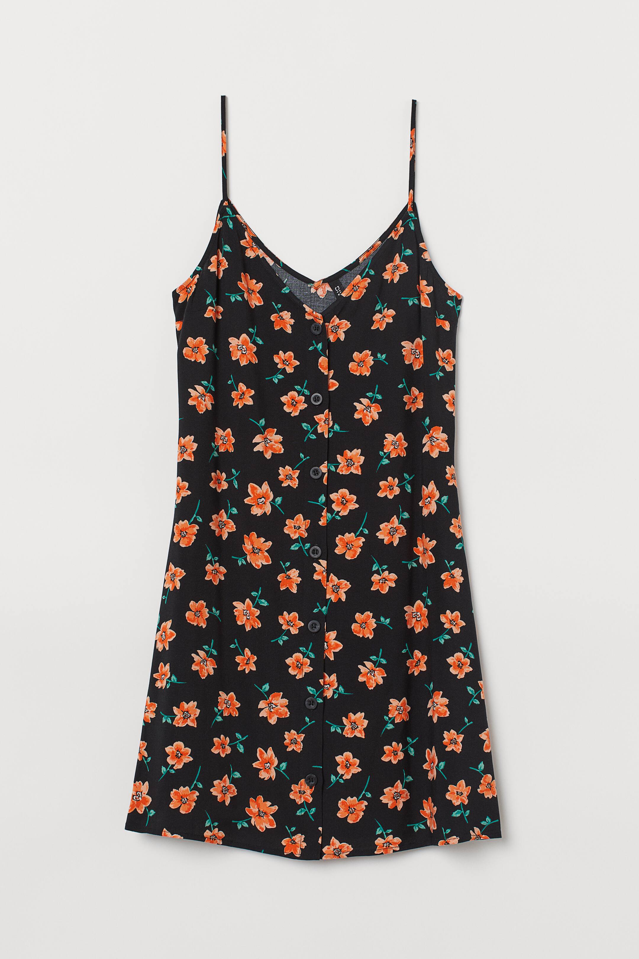 Dress with Buttons - V-neck - Sleeveless - Black/floral - Ladies 