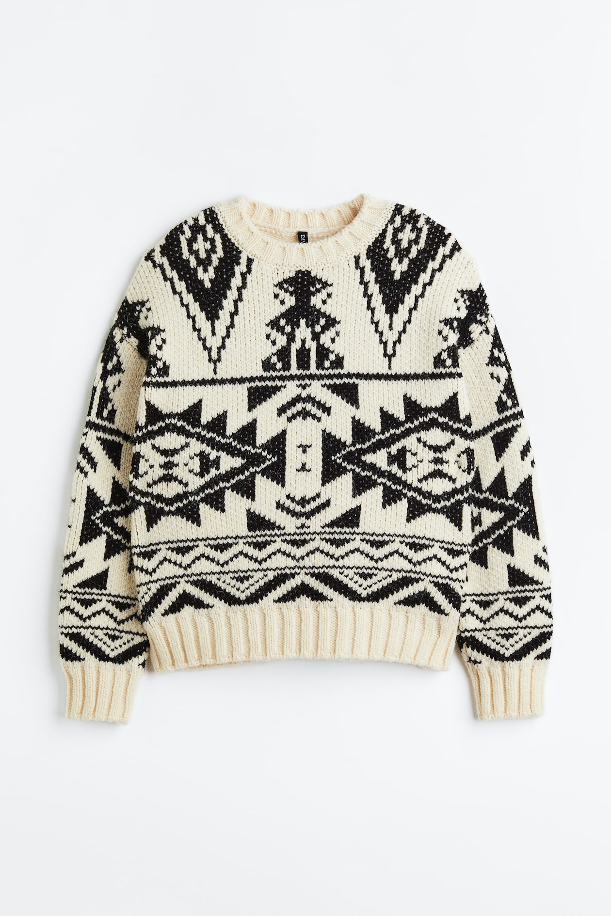 Jacquard-knit jumper - Round neck - Long sleeve - White/Patterned ...