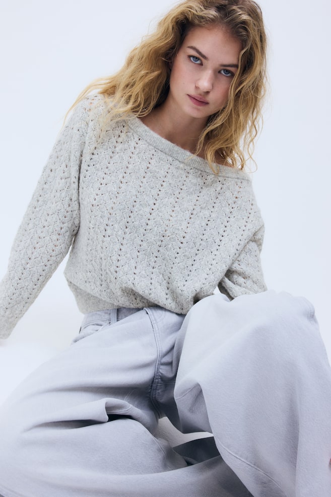 Pull épaules nues en maille pointelle-Gris clair - 5