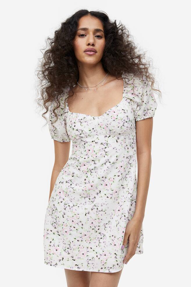 Puff-sleeved crêpe dress - White/Floral/Light green/Checked/White/Small flowers/Light blue/Floral/dc/dc - 1