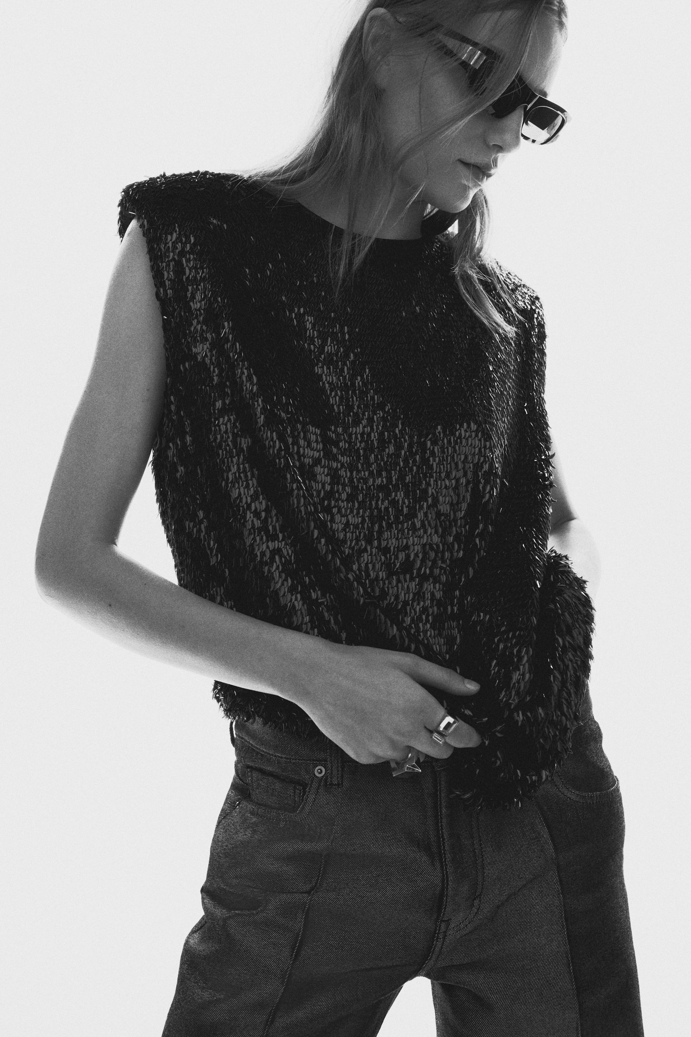Sequined shoulder-pad top