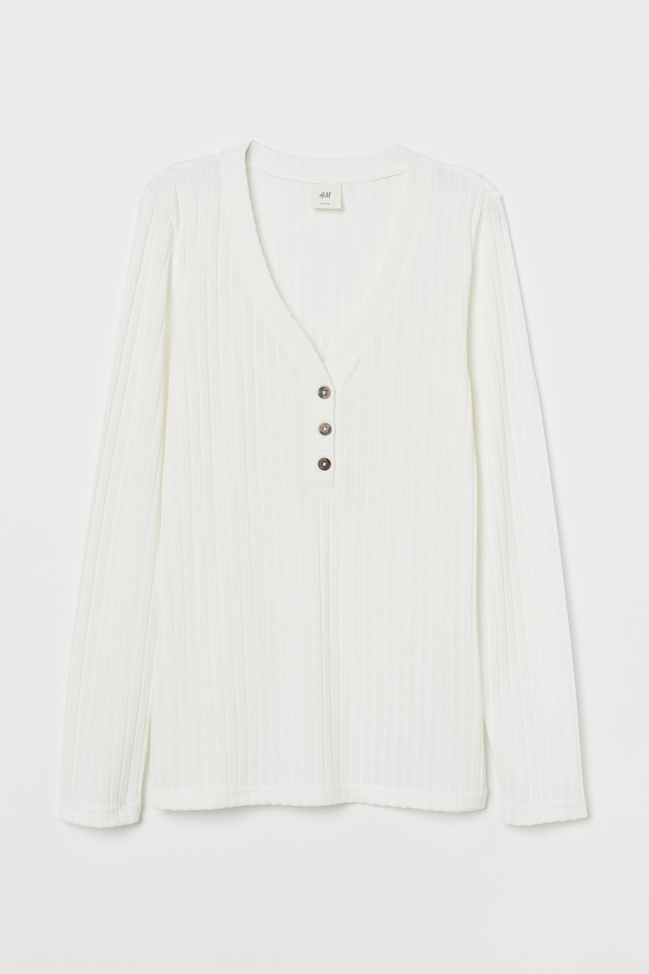 Ribbed jersey top - V-neck - Long sleeve - Cream - Ladies | H&M GB