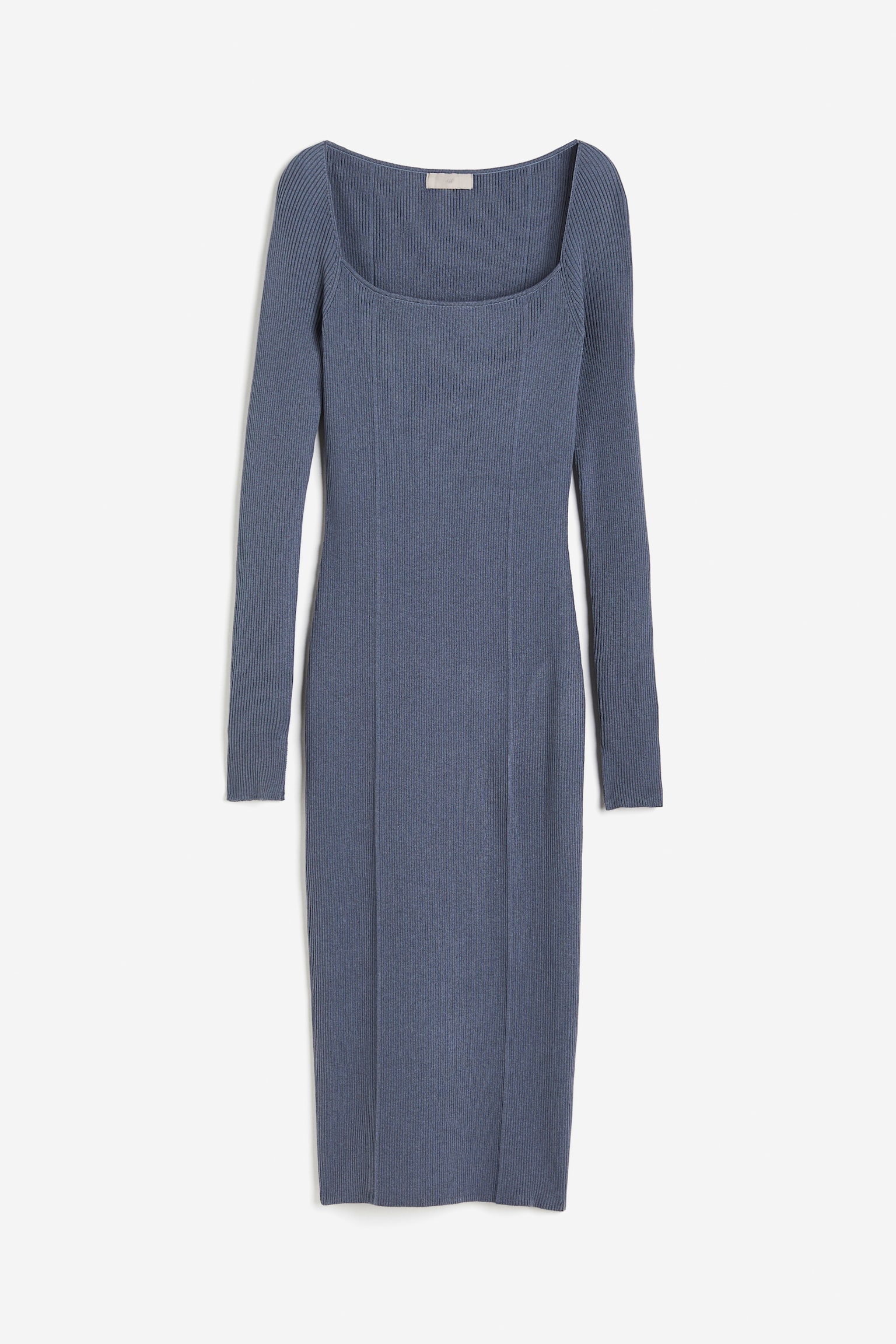 Square Neck Rib Knit Dress - Pigeon blue/Beige - 2