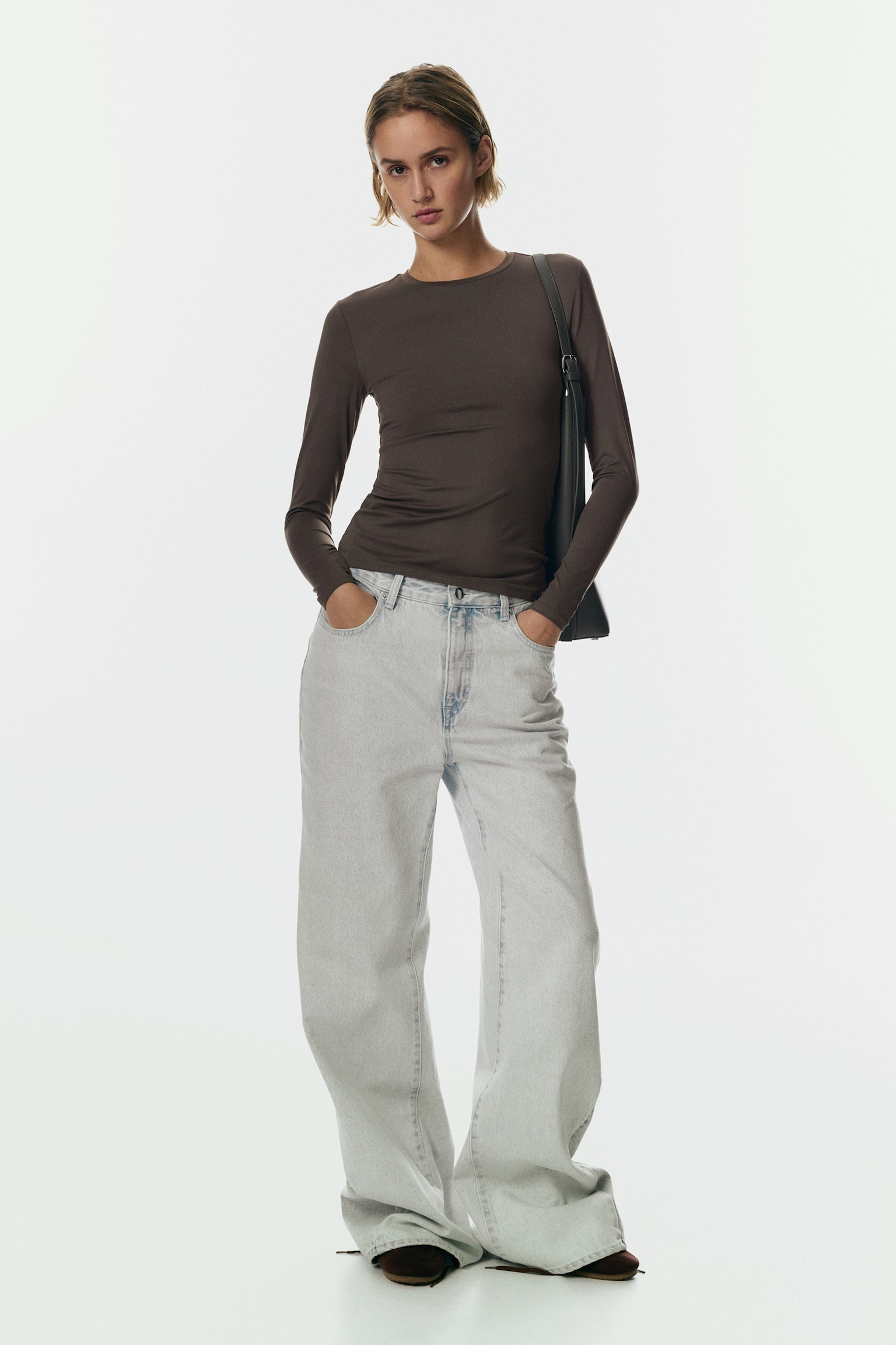 Long-sleeved microfibre top - Dark greige/Dark brown/Dark mole/White - 2