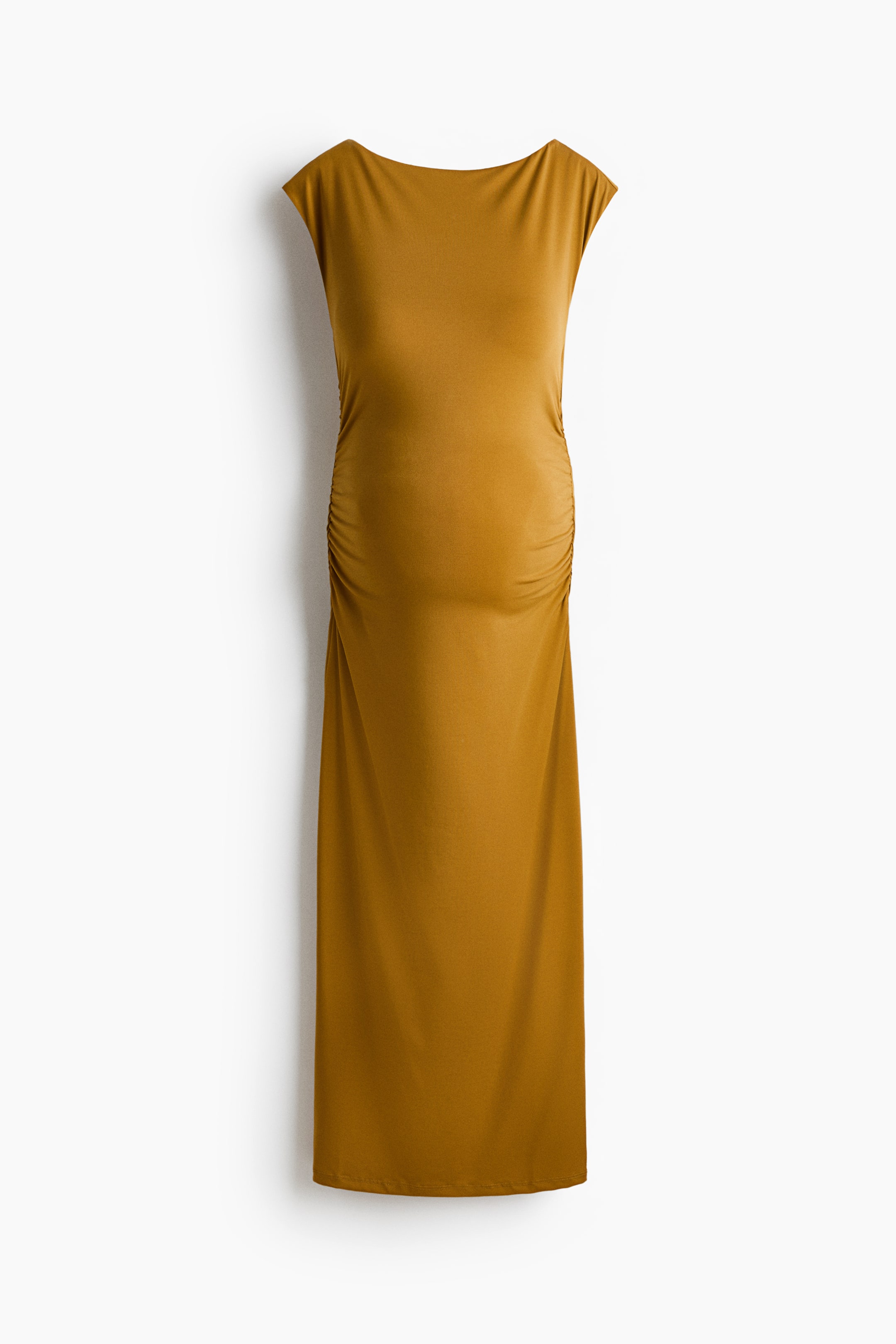 View larger image: A golden brown long dress featuring a boat neck, cap sleeves, and vertical ruching along the side seams of the torso.