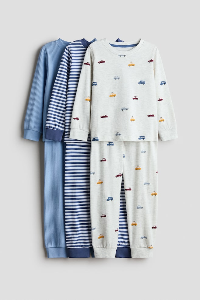 3-pack cotton pyjamas - Dusty blue/Vehicles/Navy blue/Striped - 1