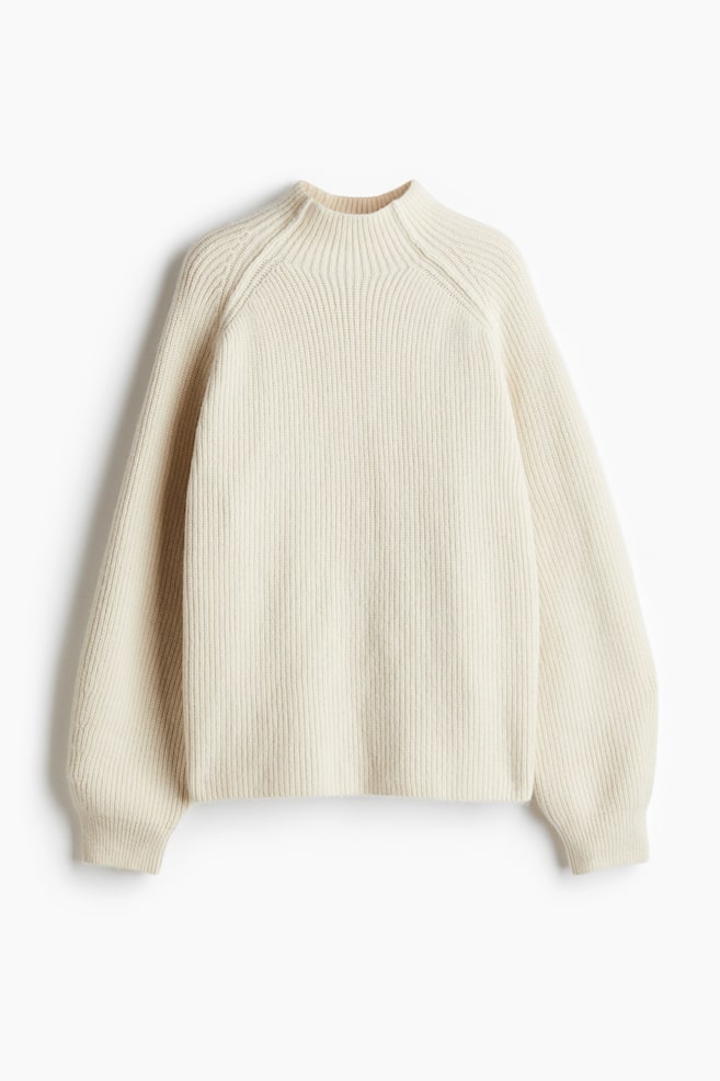 Pull en maille côtelée avec col cheminée - Crème/Beige foncé - 1