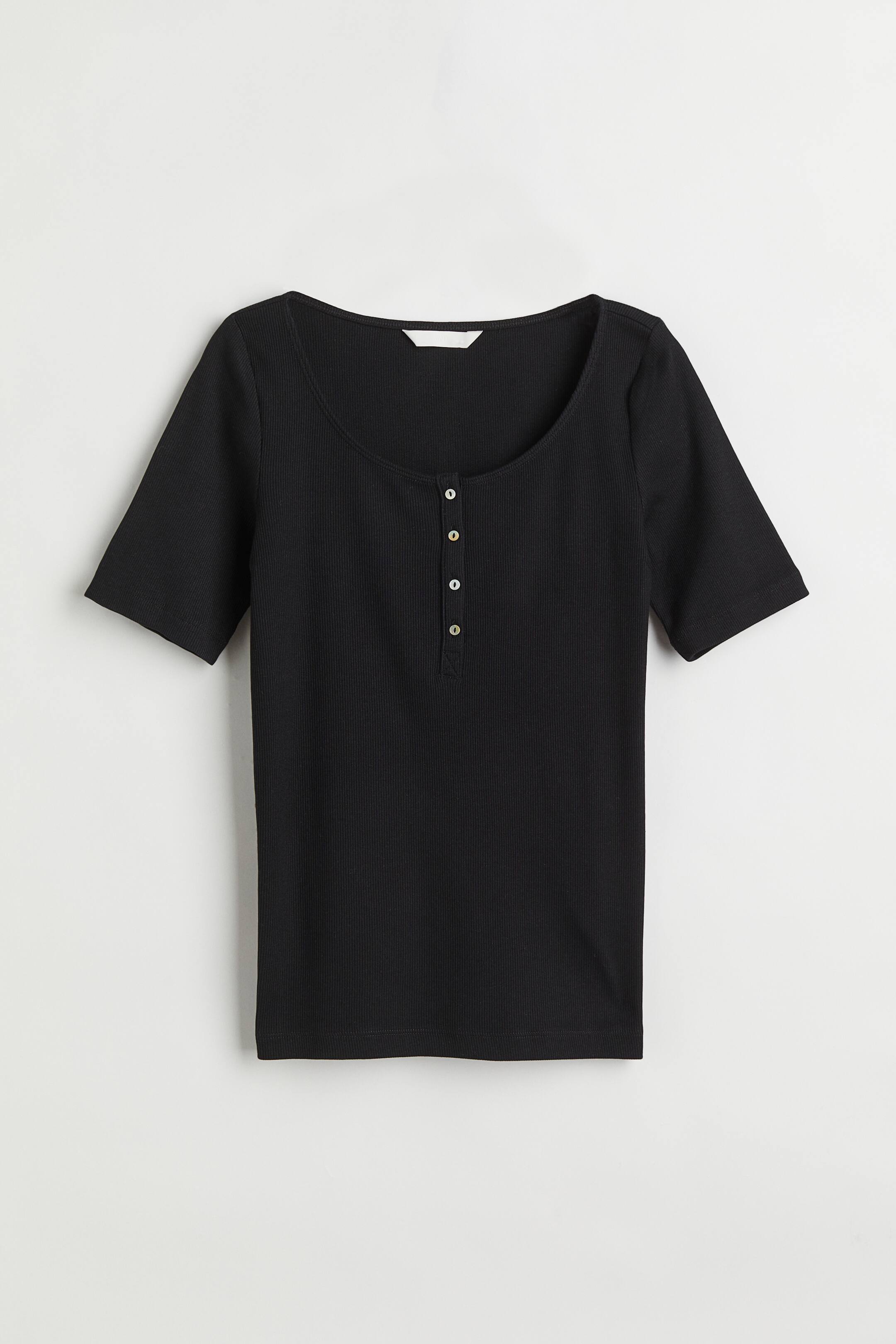 View larger image: Ribbed, button-placket T-shirt - Black - Ladies | H&M IN 1