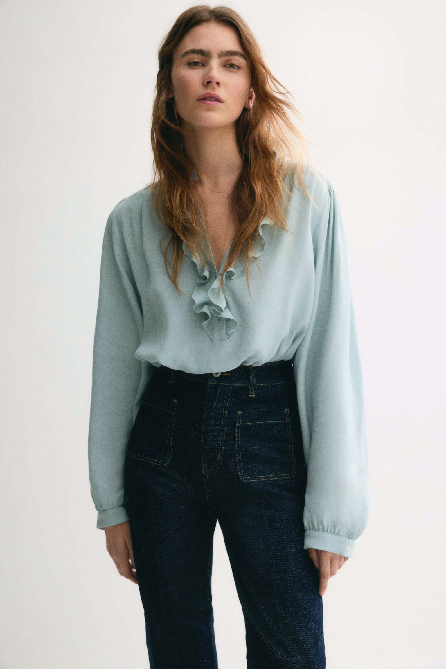 Frill-collared viscose blouse - Light turquoise/White - 1