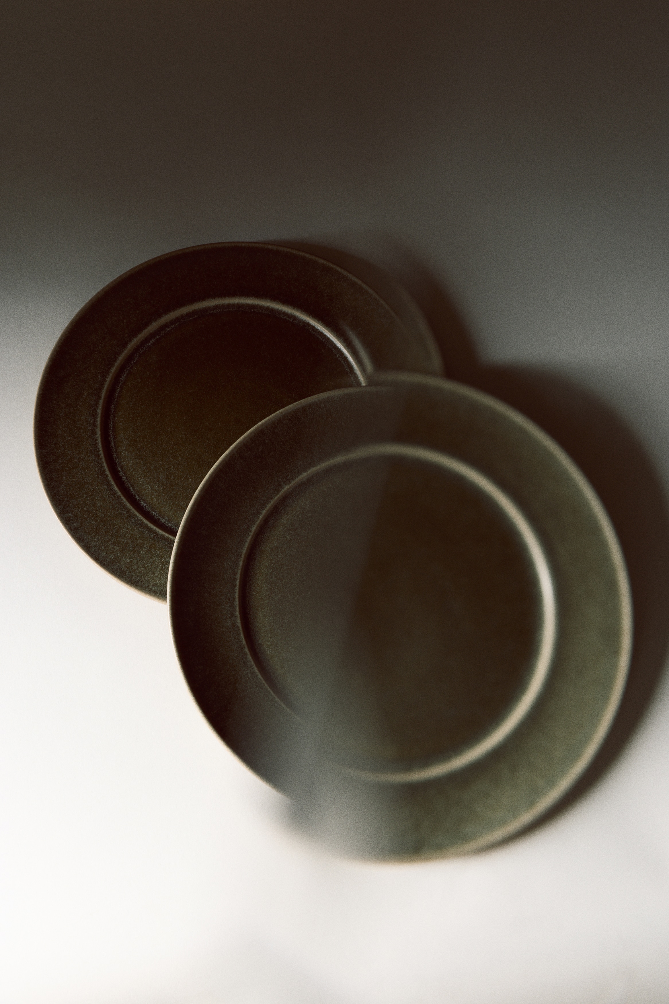 Deux assiettes rondes en céramique présentent une finition émaillée vert olive moucheté, avec une surface texturée et un bord de couleur claire. Les assiettes sont vues de face en plongée, disposées verticalement pour mettre en valeur leur forme circulaire et leurs creux intérieurs bien définis.