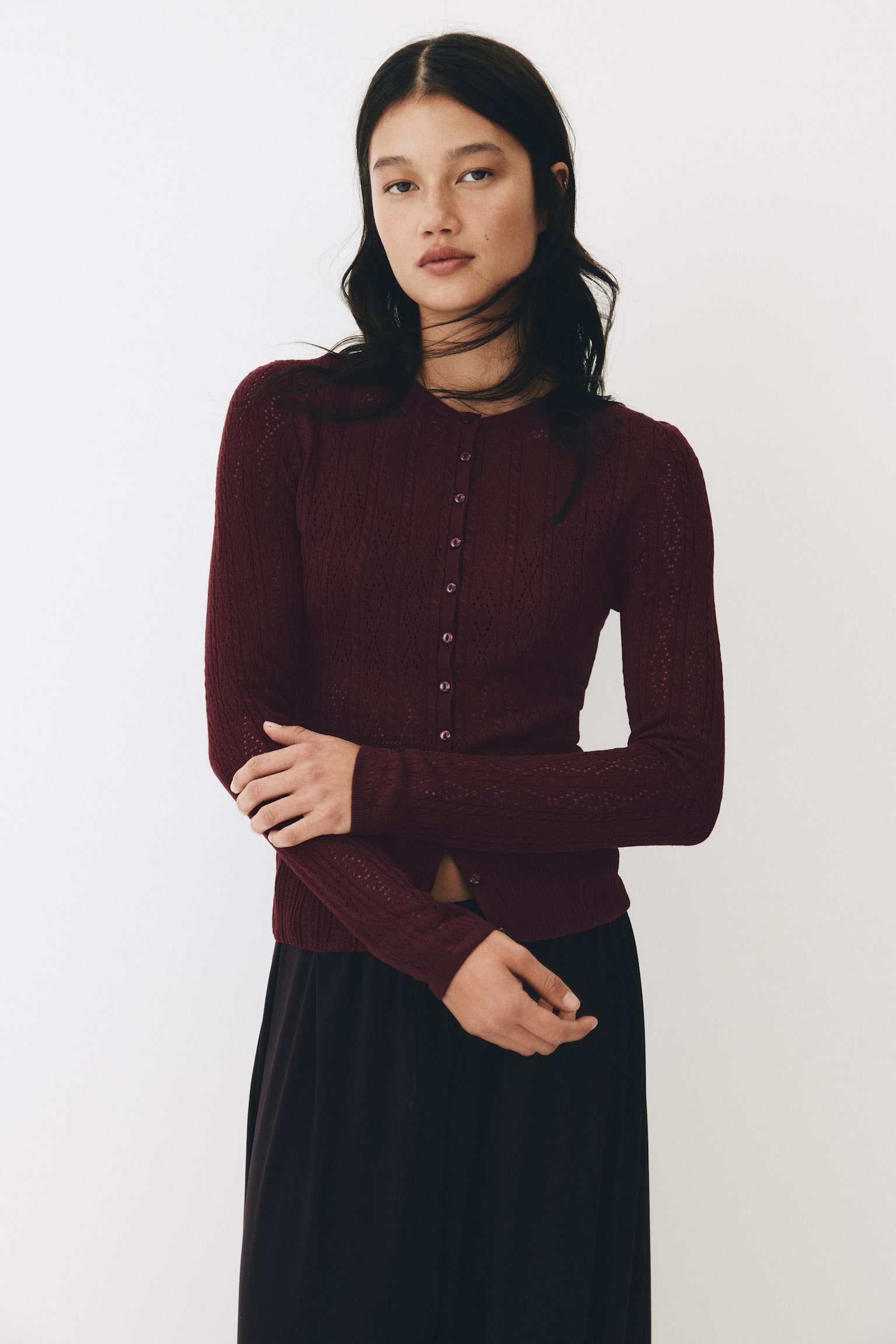 Pointelle-knit cardigan - Burgundy/White - 1