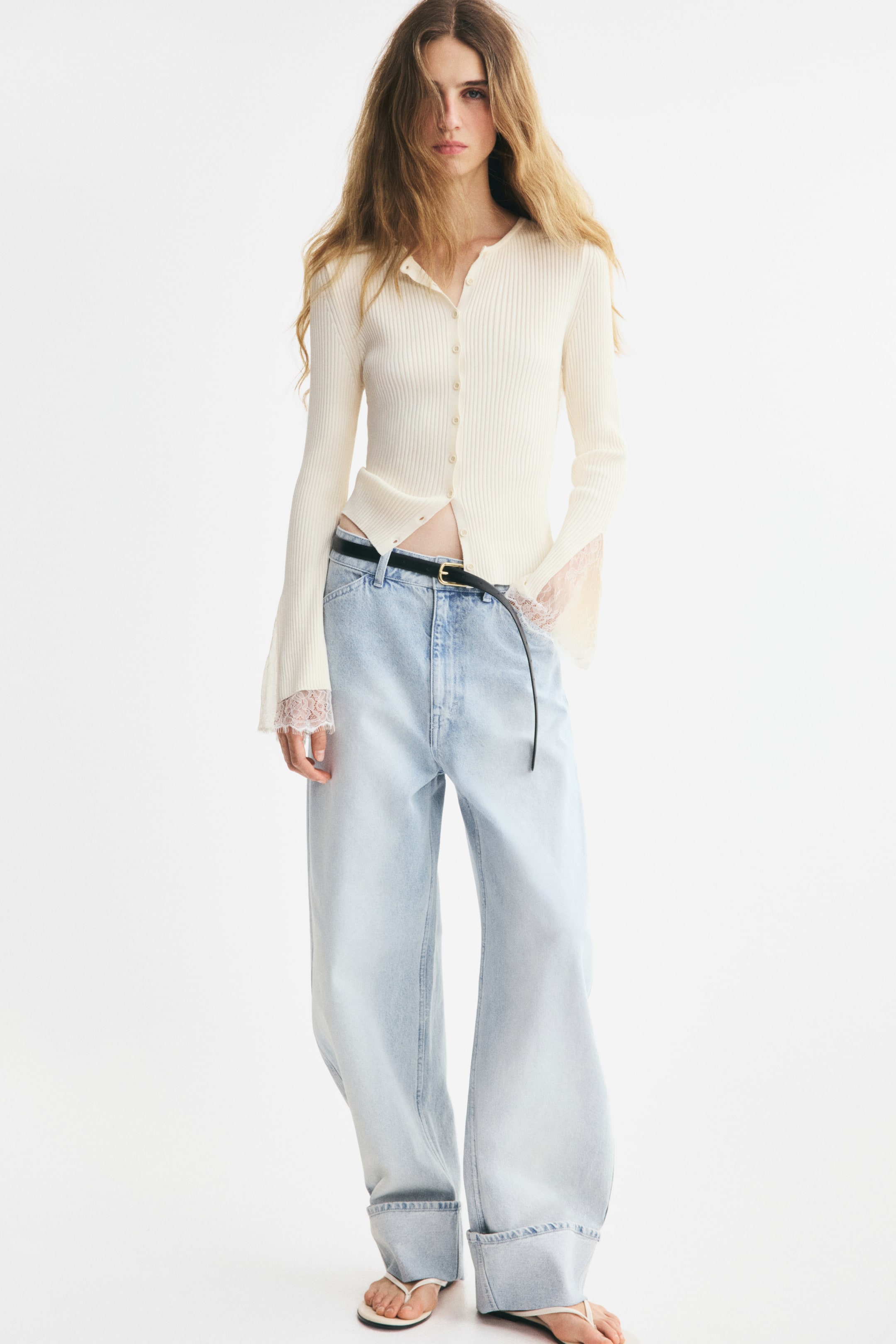 View larger image: Lace-trimmed rib-knit cardigan - Light beige - Ladies | H&M 1