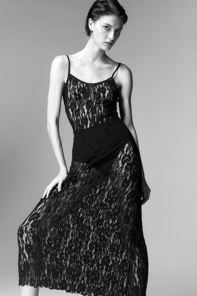Lace Slip Dress - Black - 4