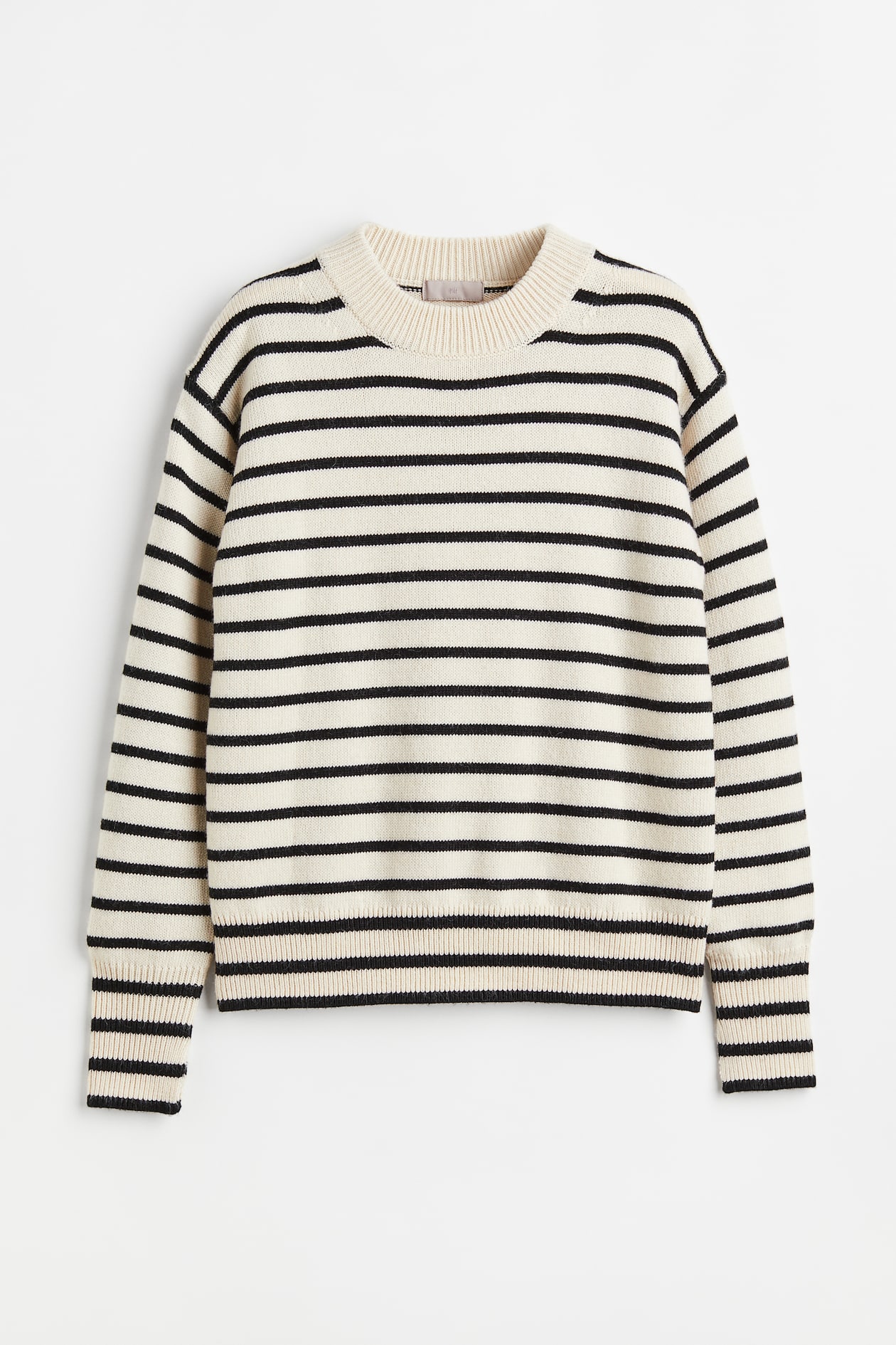 Knitted jumper - Round neck - Long sleeve - Cream/Black striped ...