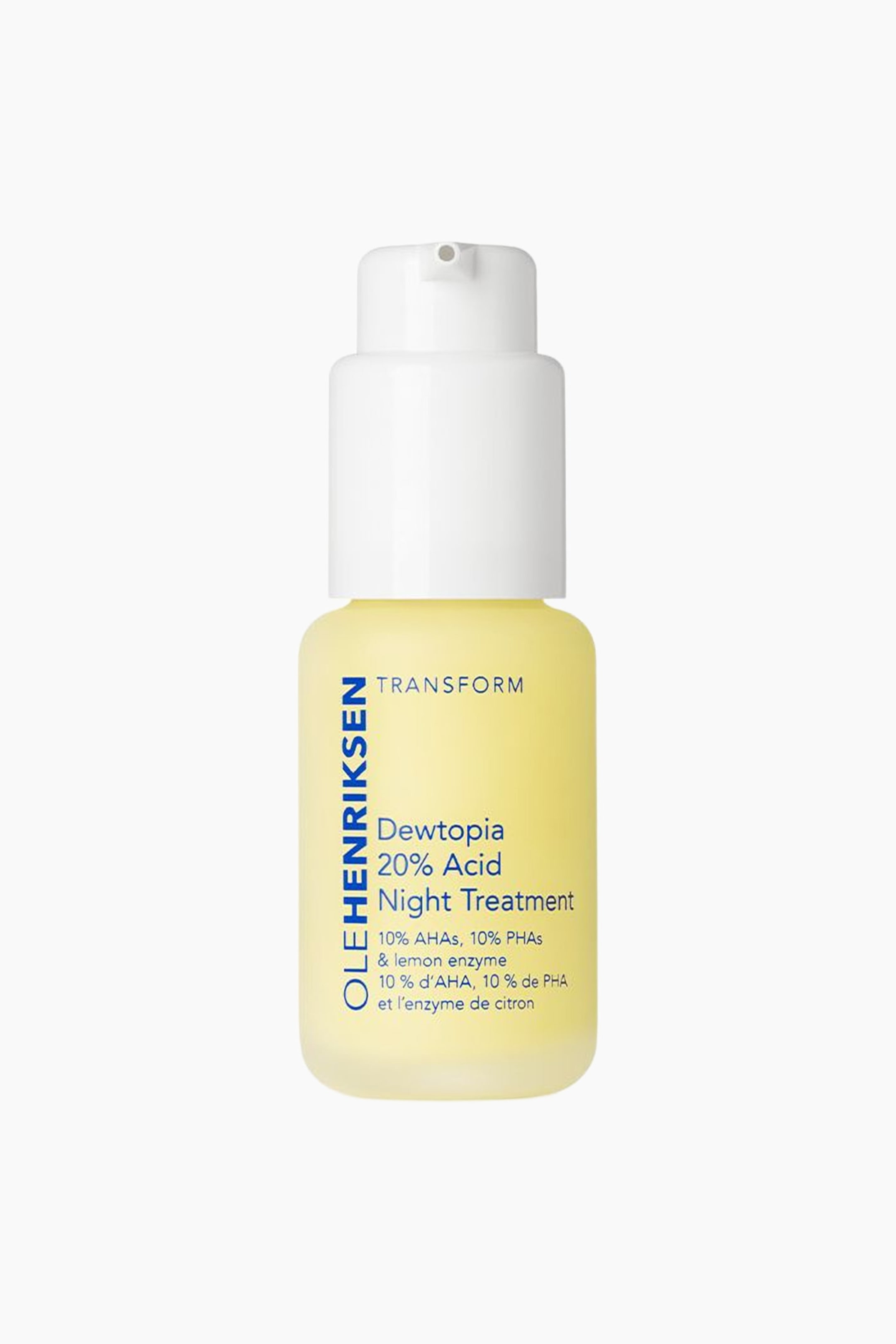 Se større billede: En flaske OLEHENRIKSEN Dewtopia 20 % Acid Night Treatment står oprejst og vender fremad og har en matteret gul flaske, en hvid pumpe og produktoplysninger trykt i blå og sort tekst.
