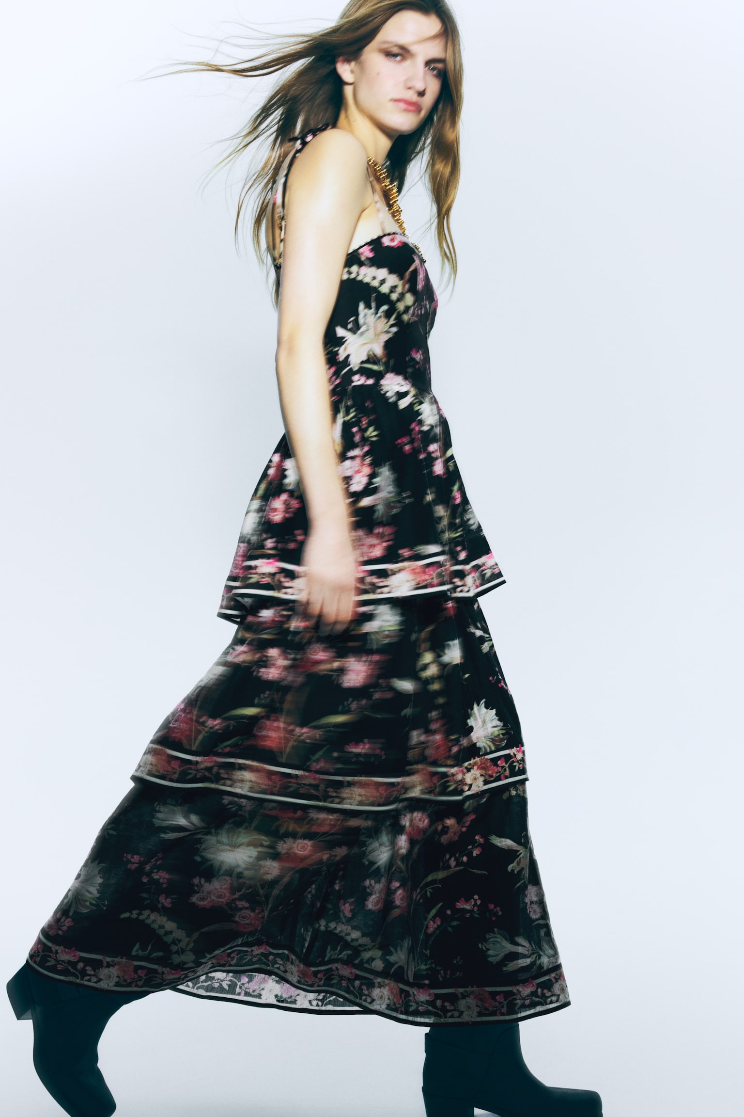 Tiered linen-blend dress - Black/Floral - 2