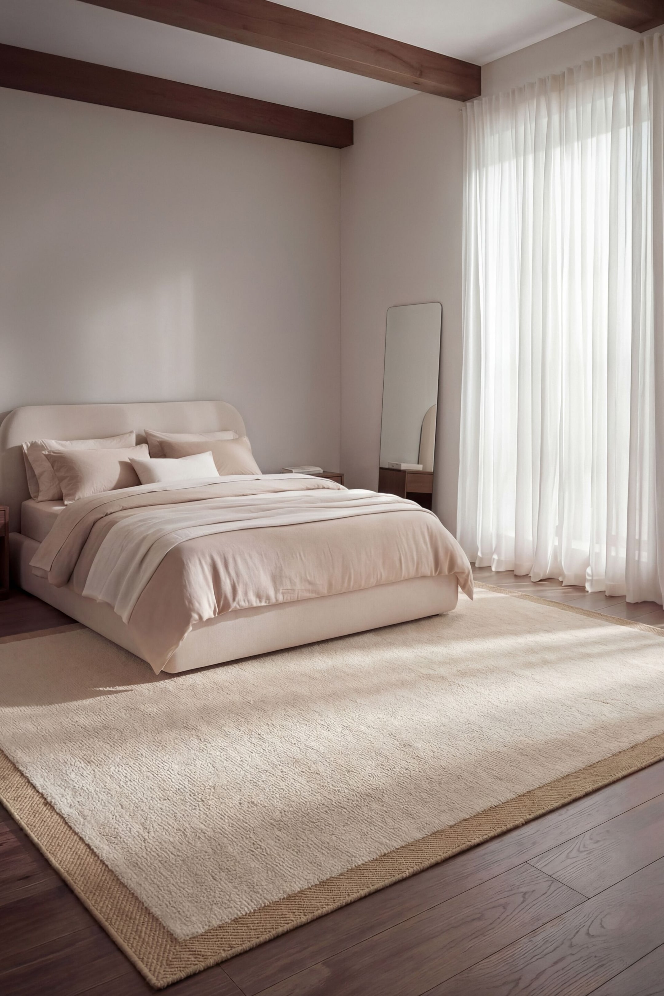 Ver imagen más grande: Una cama presenta un cabecero y estructura tapizados, redondeados, en un tono neutro claro, inclinados hacia la derecha. Almohadas coordinadas descansan contra el cabecero, y un edredón cubre la cama, con una manta ligera superpuesta en la mitad inferior.