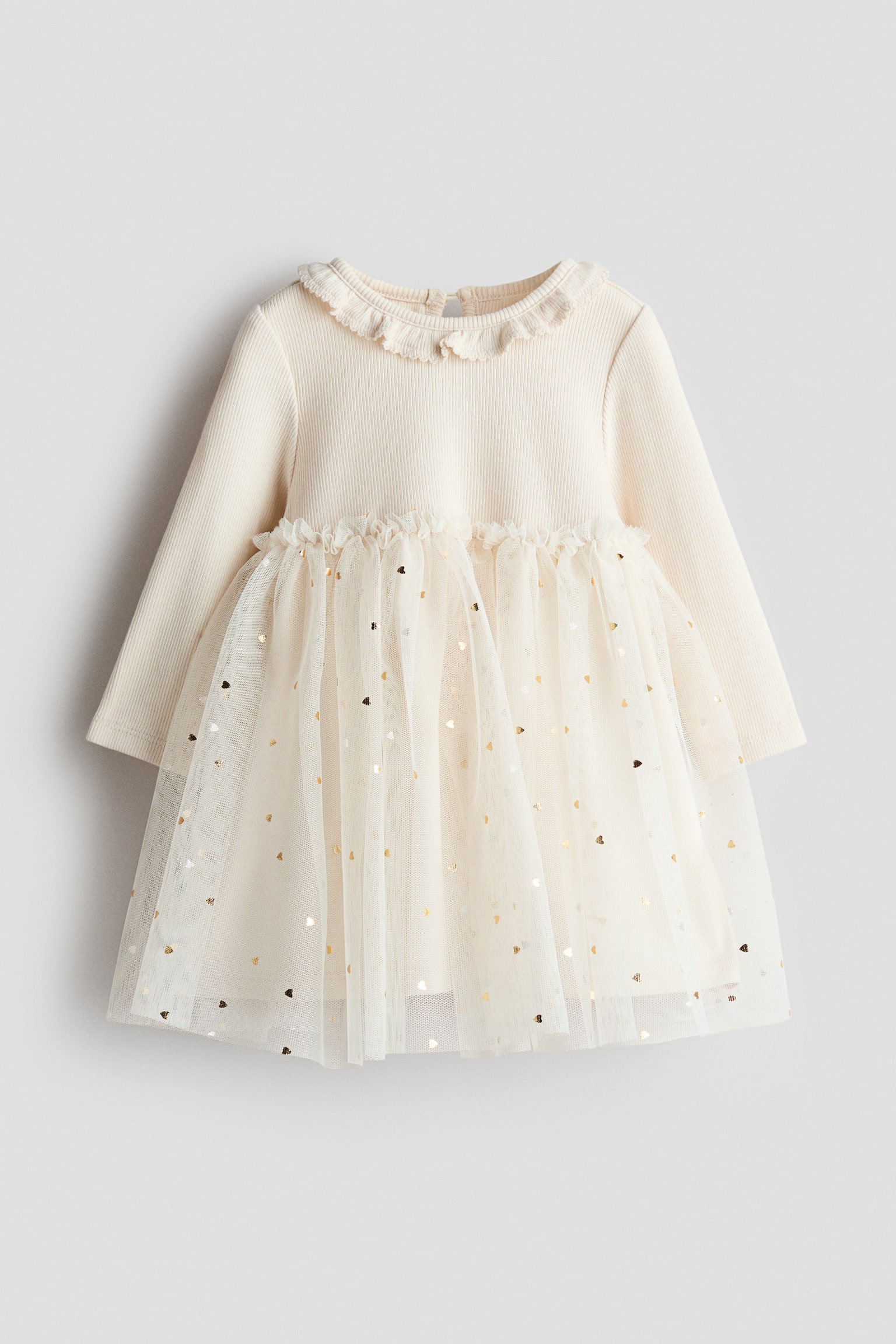 Tulle-skirt cotton dress - קרם/לבבות/ורוד בהיר/חום/לבבות - 1