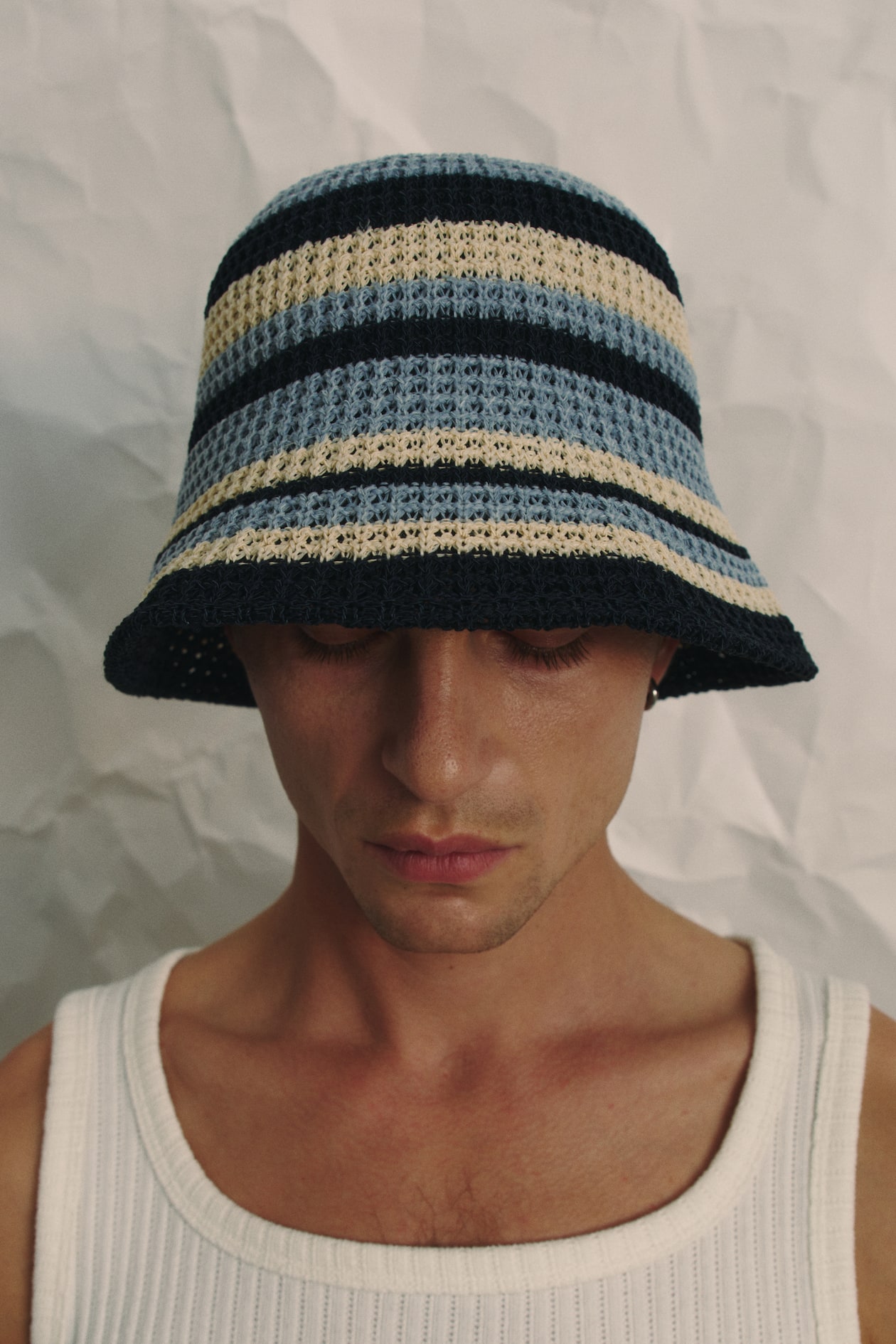 Best Bucket Male Bucket Hat Knitted Bucket Hat Light Blue/Striped