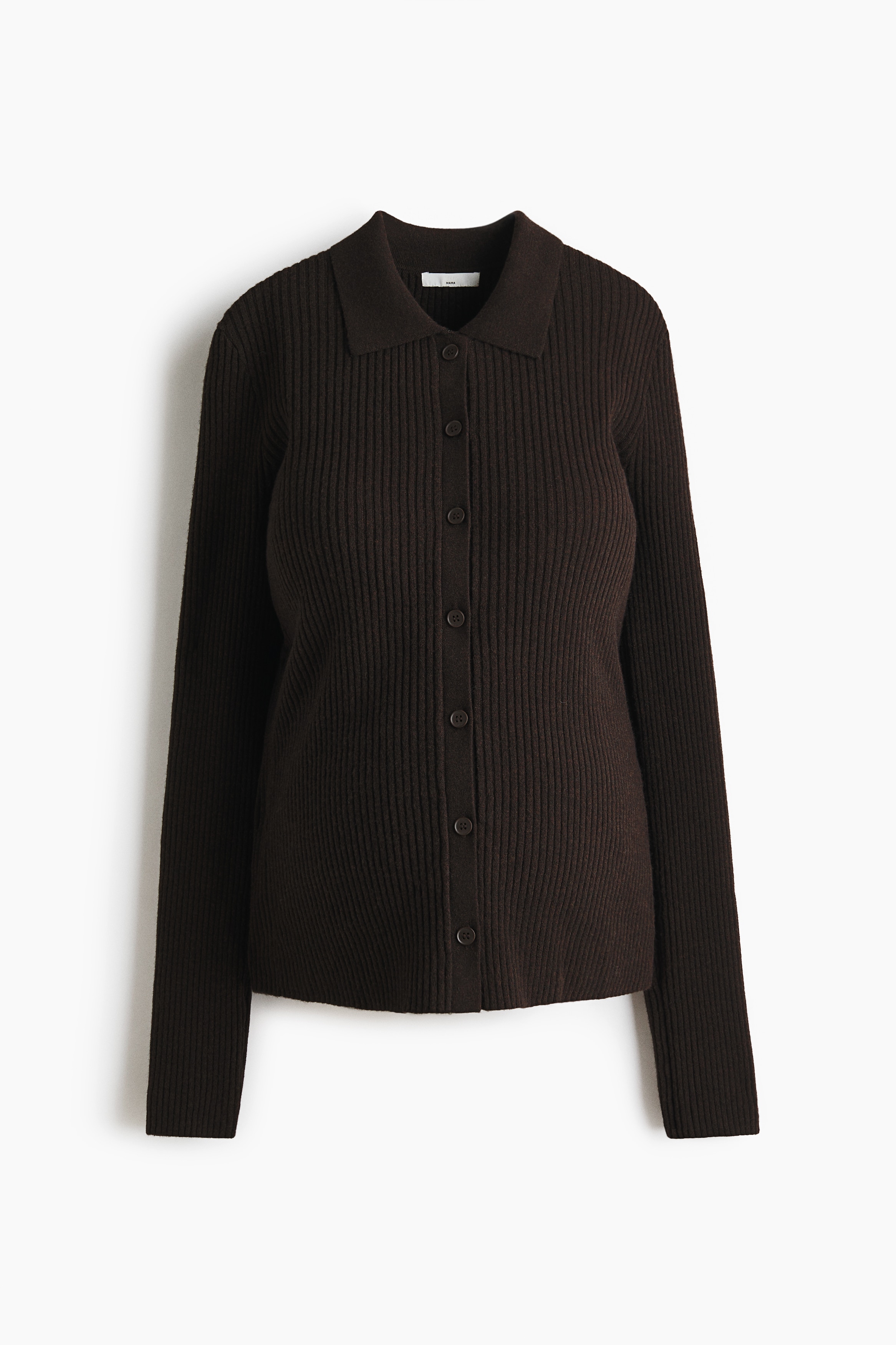 MAMA Ribbestrikket cardigan med krage - Mørk brun