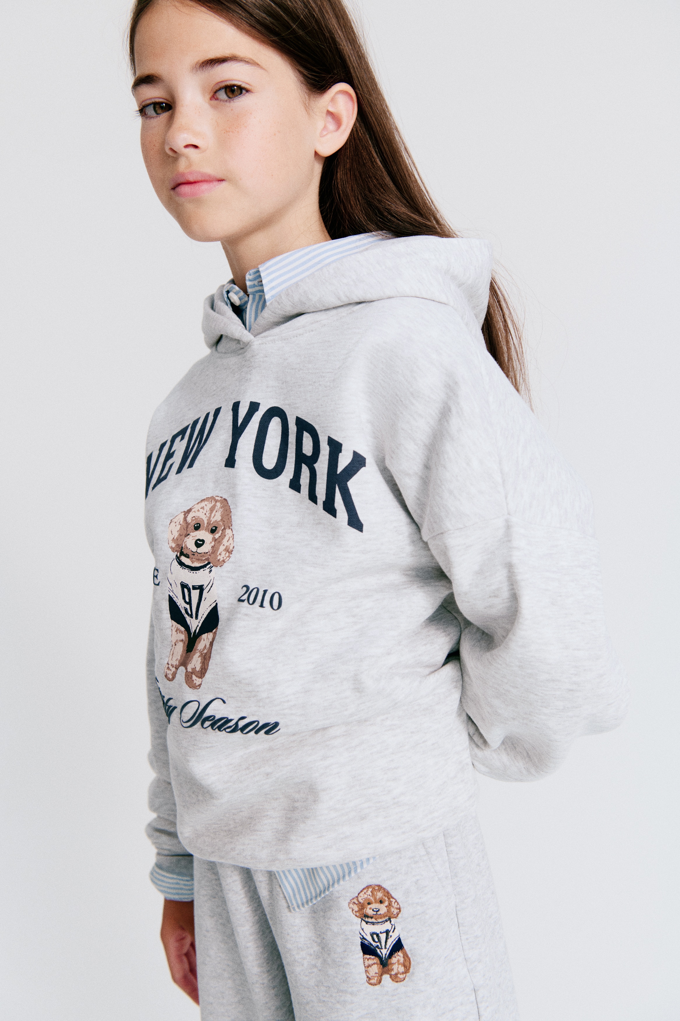 Motif-detail brushed-inside hoodie - Light grey marl/New York/Powder pink/Adore