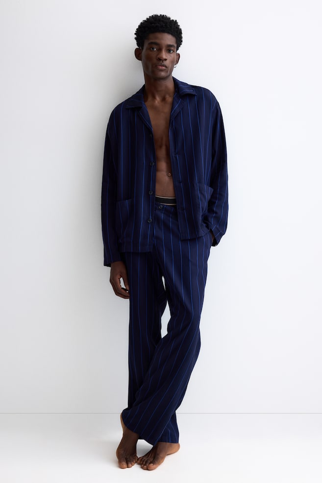 Lyocell pyjama shirt and bottoms - Navy blue/Striped - 1