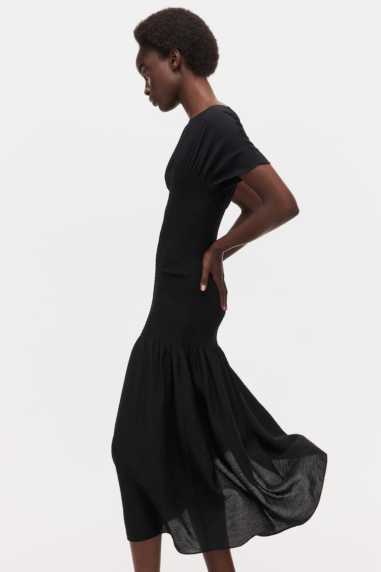 black smocked dress Vivian Front Zipper Smocked Waist Black Midi Dress