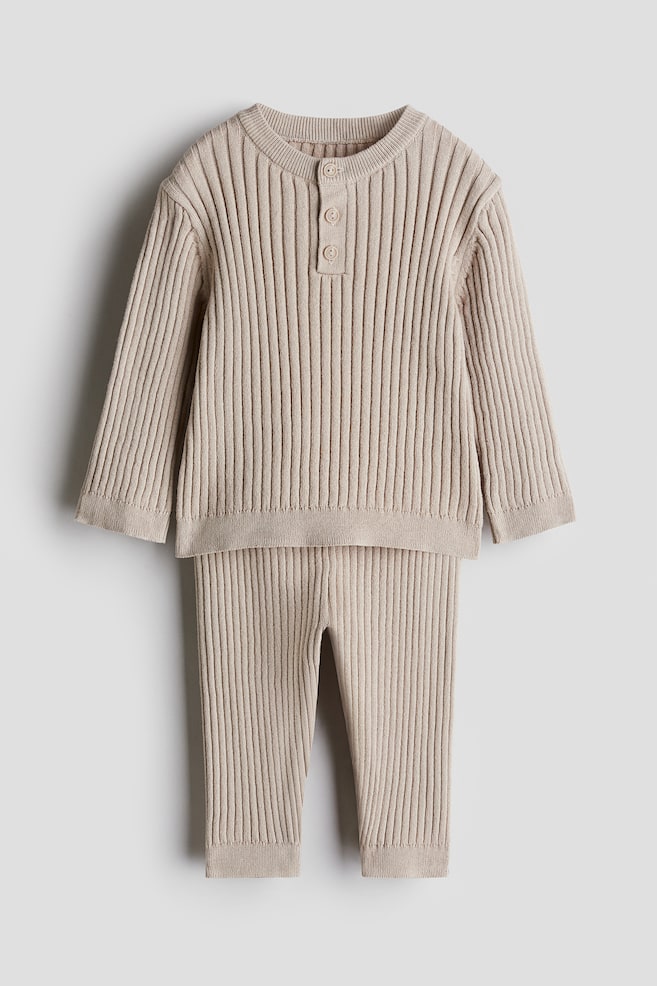 2-piece Rib-Knit Cotton Set - Taupe - 1