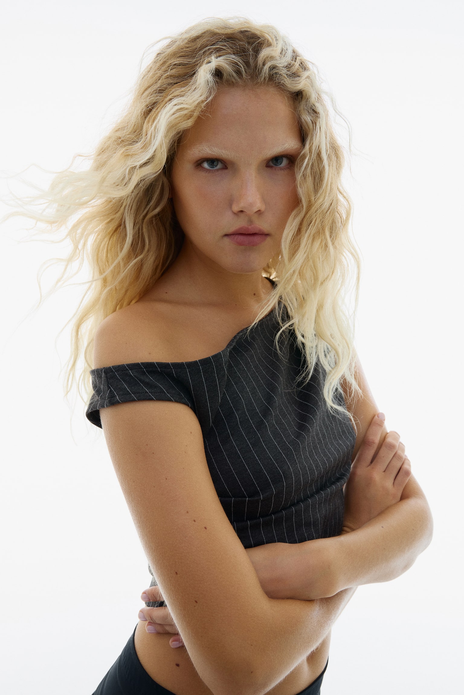 One-shoulder Ponte di Roma top - Dark grey/Striped - 7