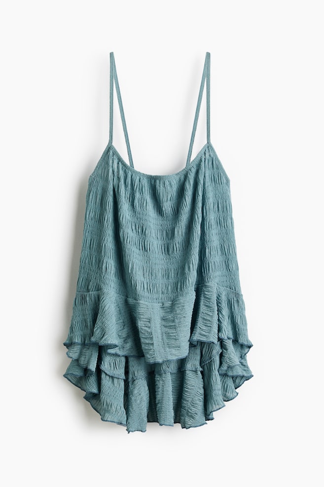 Flounced smocked top - Dusty turquoise/Light beige - 1