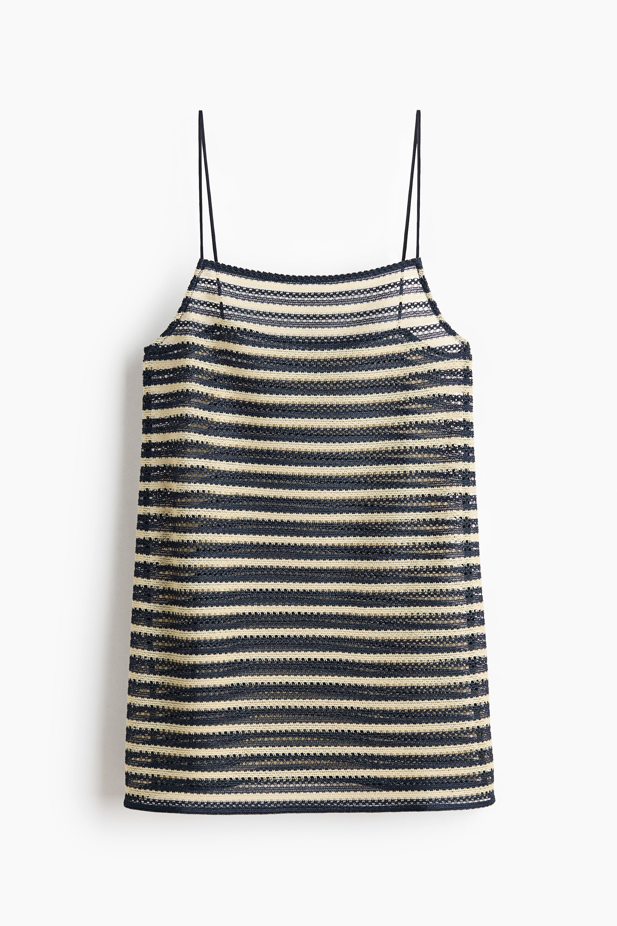 View larger image: A short beach dress, displayed from the front, features a sheer hole knit with horizontal navy blue and beige stripes. It is crafted with a straight cut at the top and thin spaghetti shoulder straps.