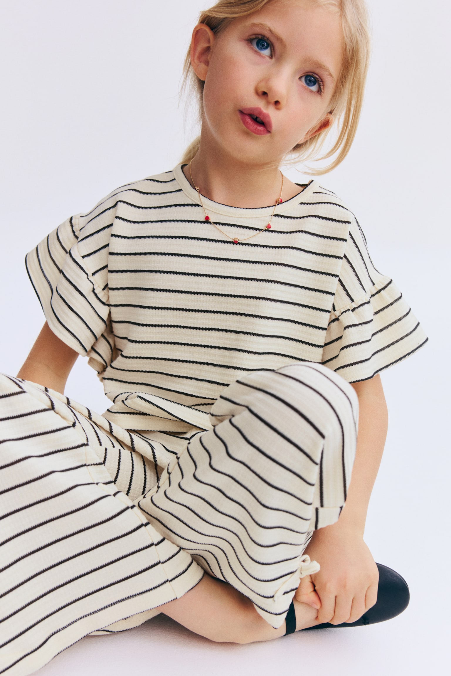 2件組紋理感平紋套裝 - 奶油色/黑色條紋 - 4