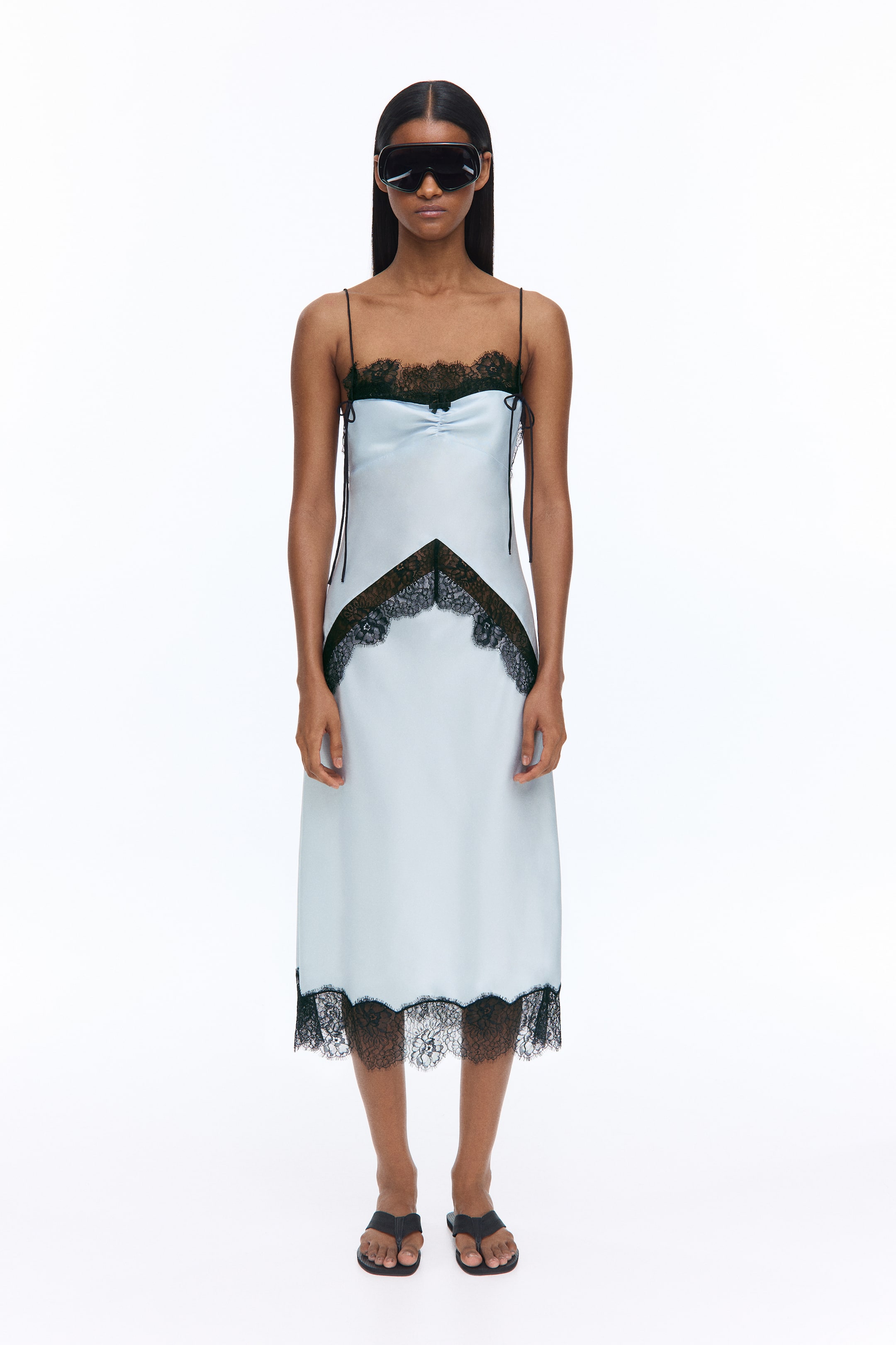 View larger image: Lace Trim Satin Dress - Light blue/Black - Ladies | H&M AU 1