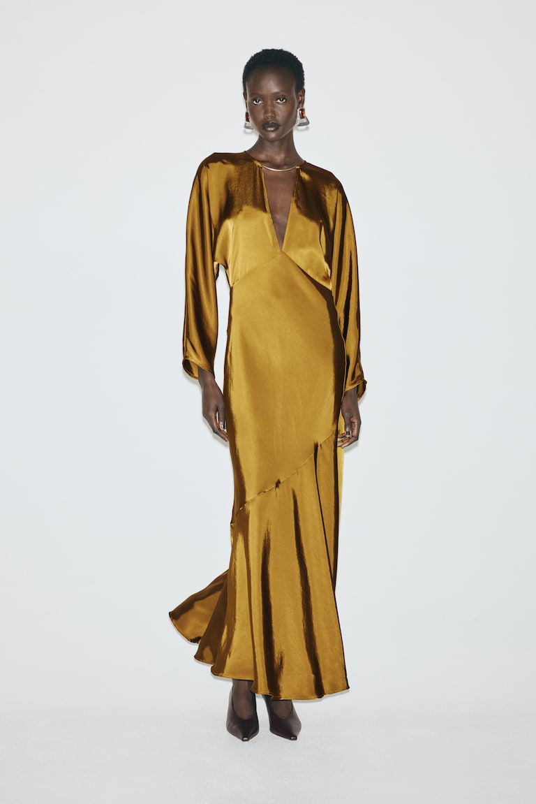 Long satin dress Dark mustard yellow Ladies H&M IN
