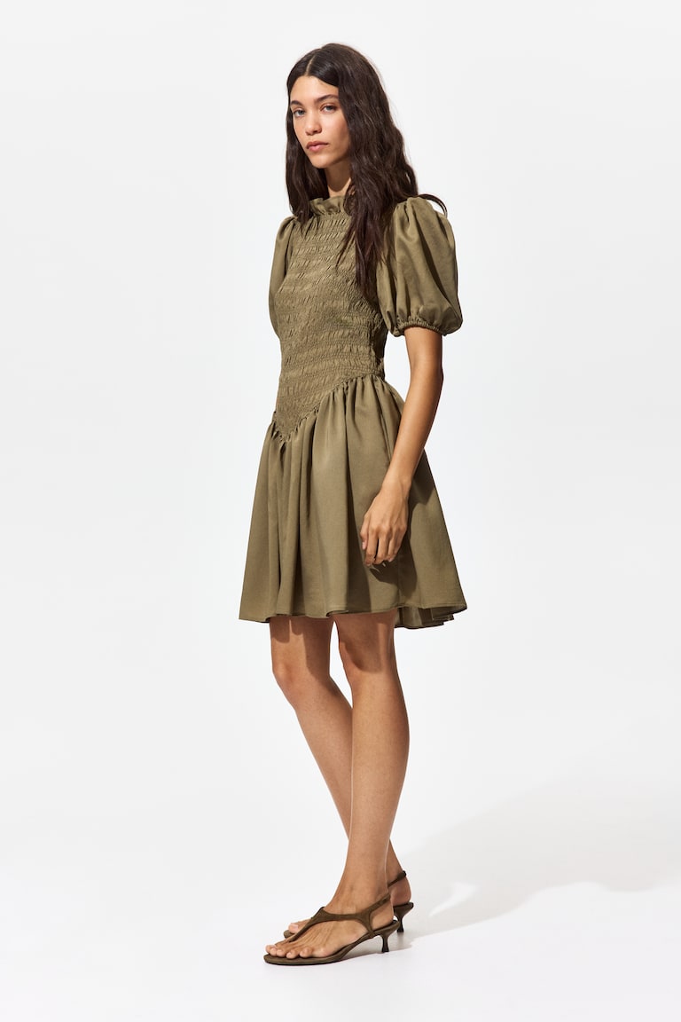 Ladies - Dark Khaki Green Smocked-Bodice Dress - Size: L - H&M