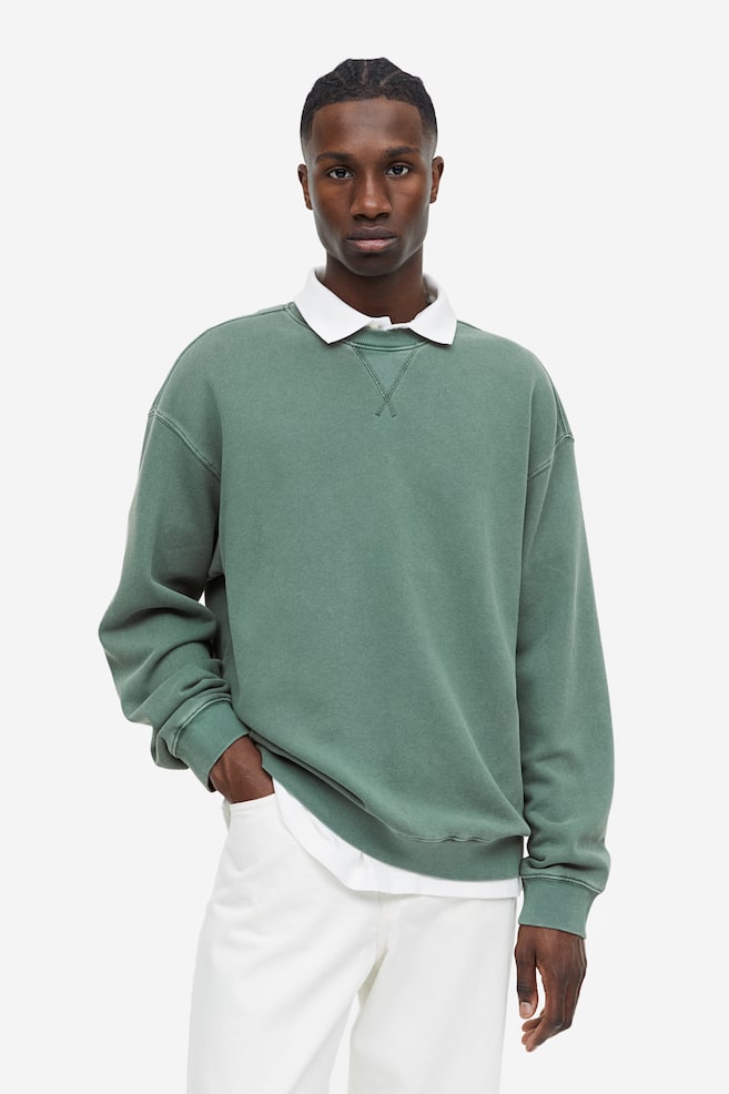 Sweatshirt med tvättad look Relaxed Fit - Grön/Blå - 1