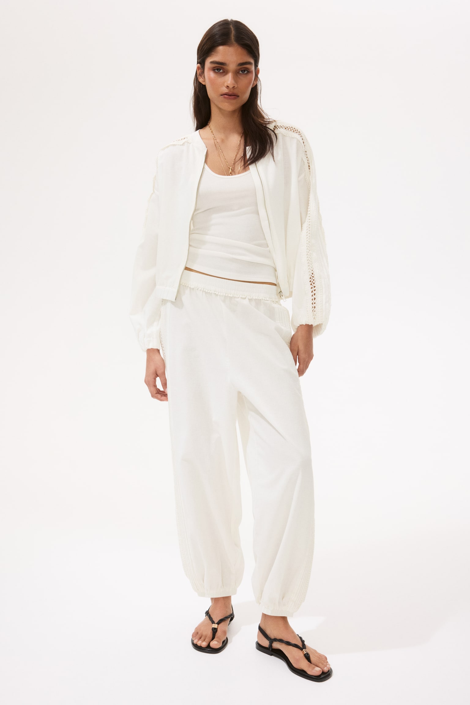 Lace-detail linen-blend joggers - Ivory - 1