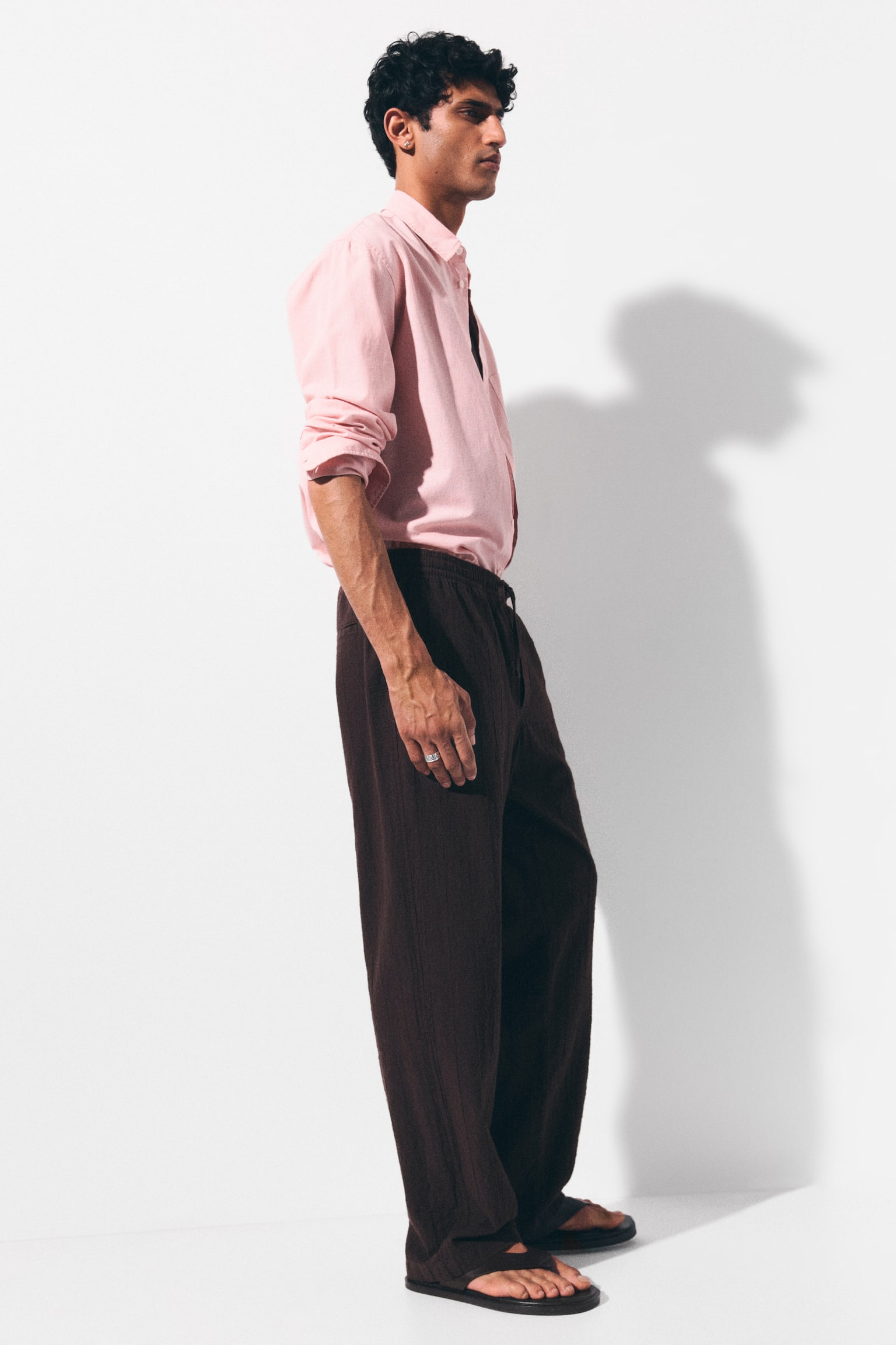 Relaxed Fit Textured cotton trousers - Dark brown/White - 3