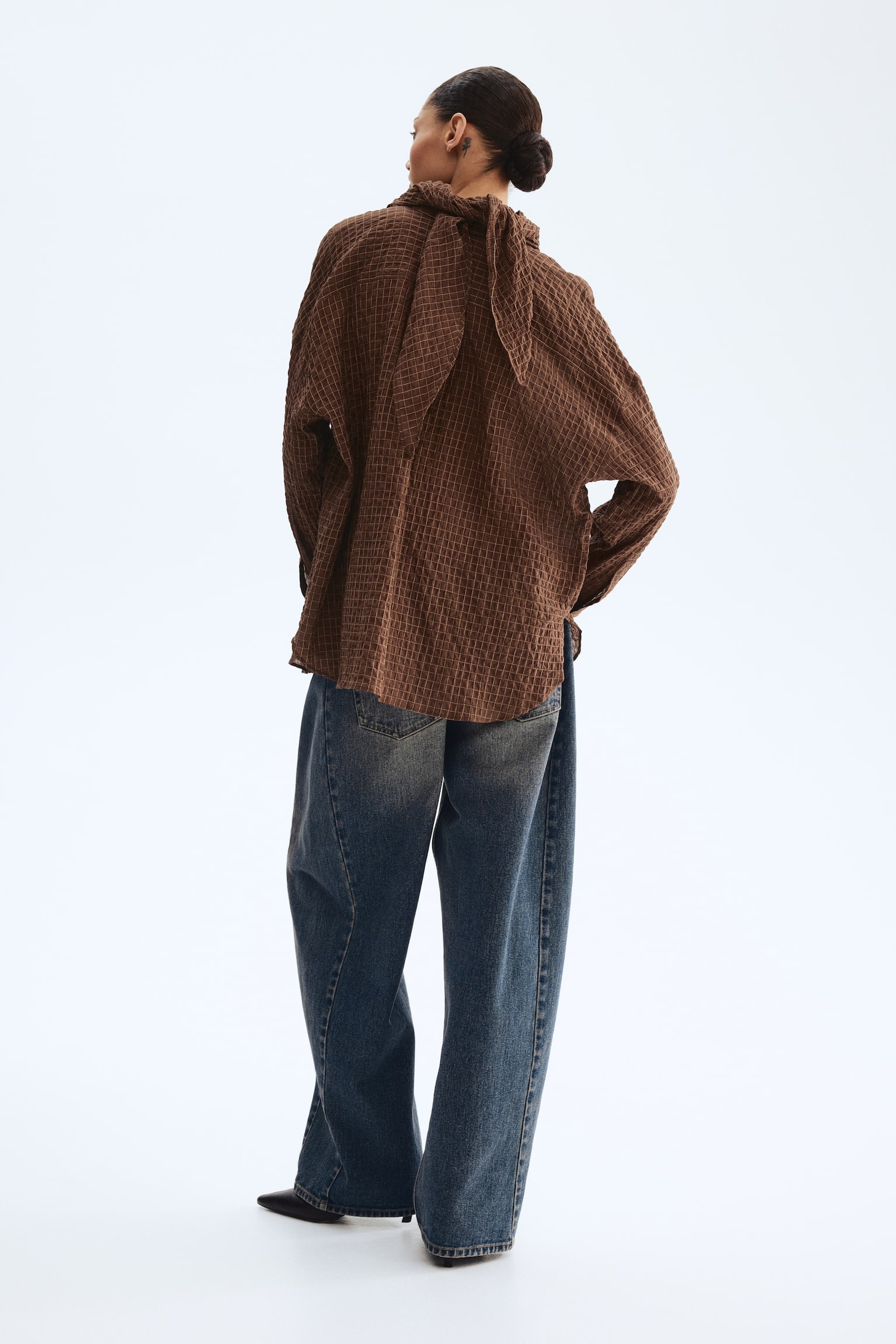 Seersucker shirt with scarf - Brown - 3