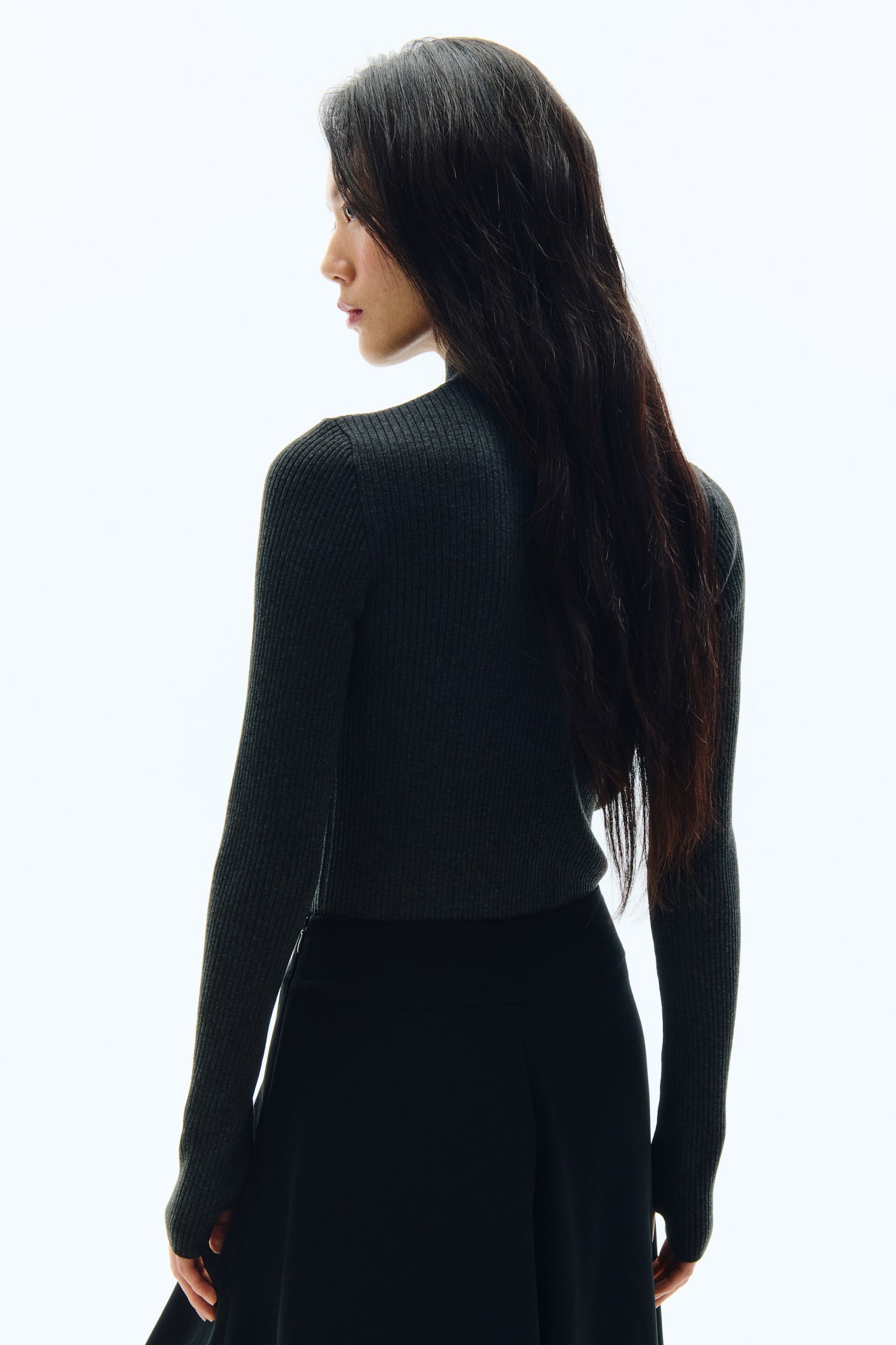 リブハイネックトップス - ダークグレーメランジ/バーガンディ - 5