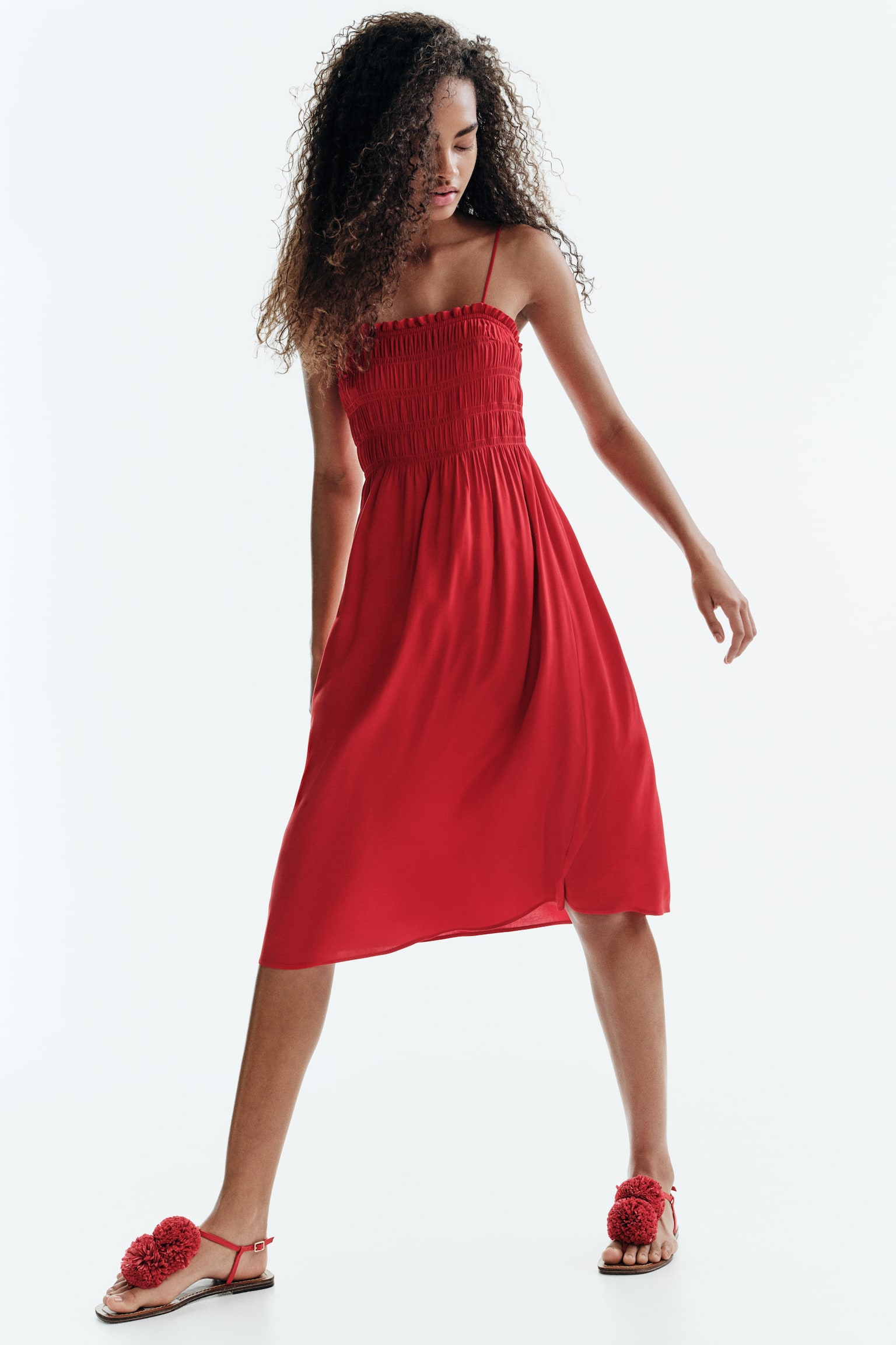 Smocked strappy dress-Red - 5