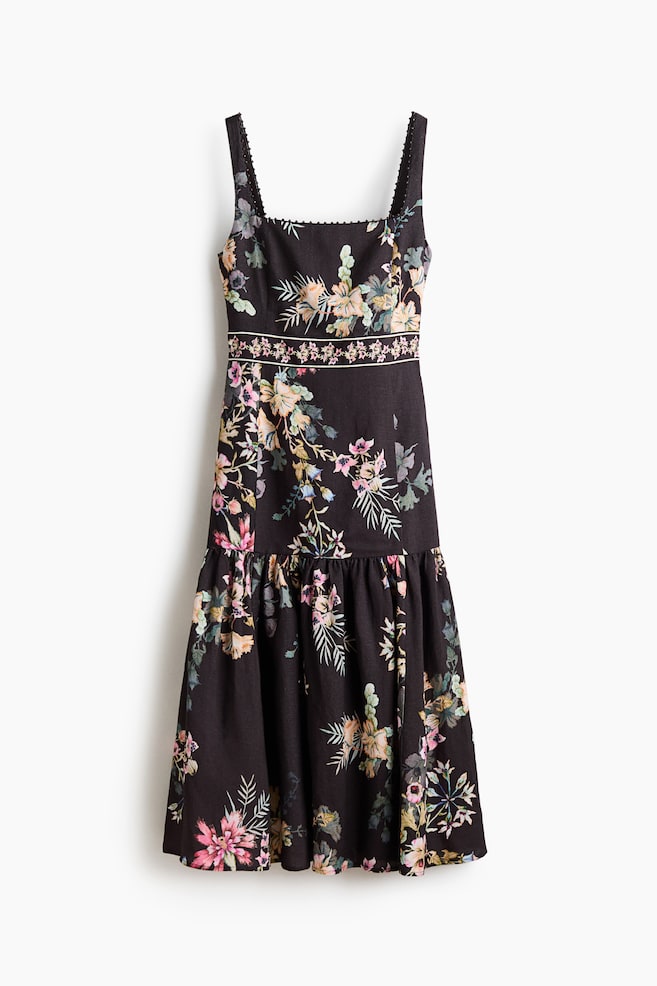 Robe en lin mélangé - Noir/fleuri - 1